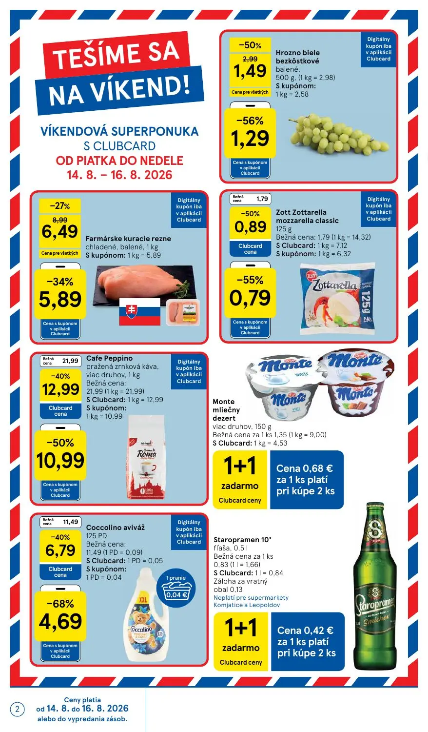 Tesco Supermarket leták, strana 2 z 34 — Cafe Peppino pražená zrnková káva, viac druhov, Farmárske kuracie rezne chladené, b…