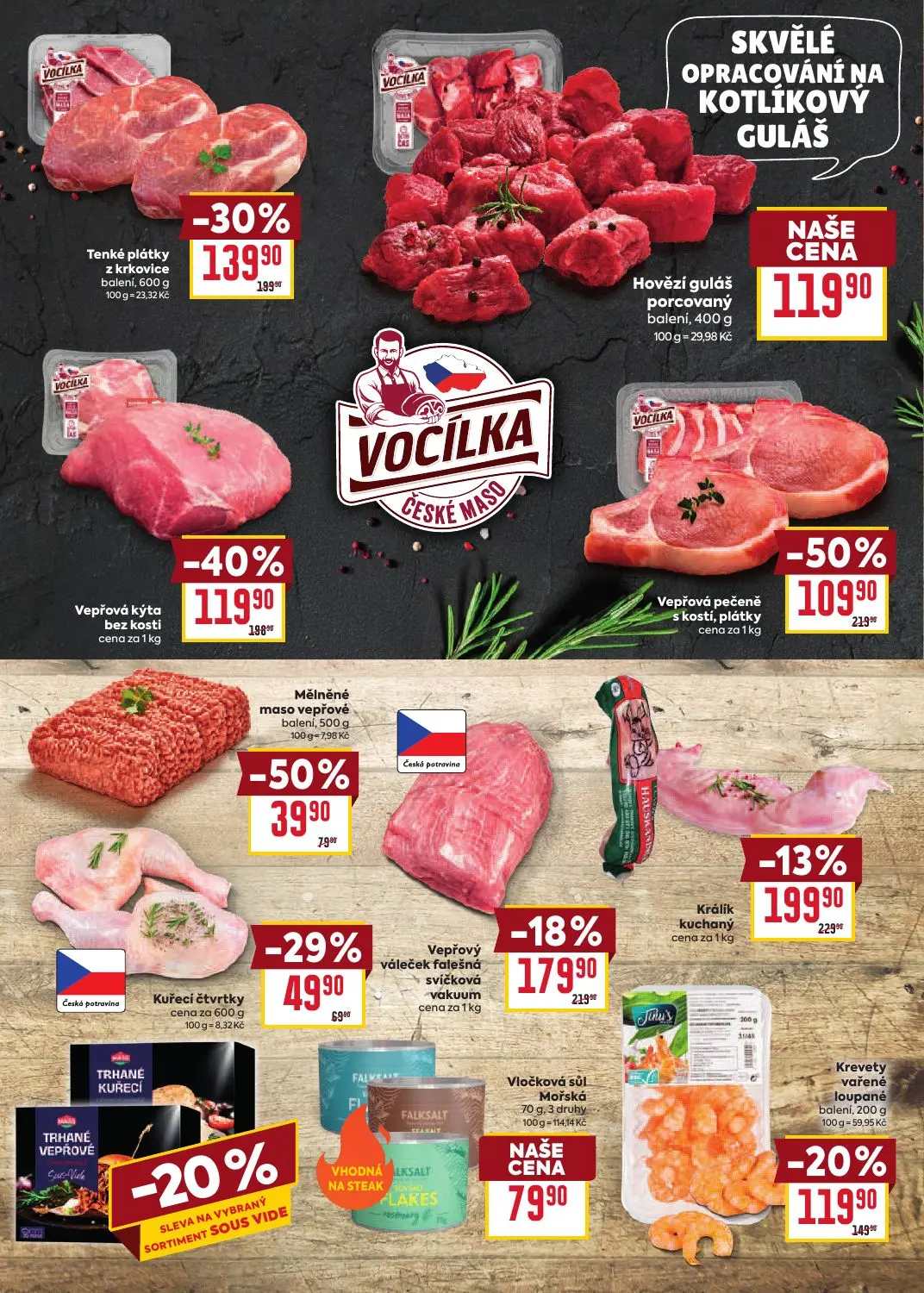 Billa leták, strana 3 z 35 — Vepřová pečeně s kostí, plátky, Tenké plátky z krkovice, Krevety vařené loupané