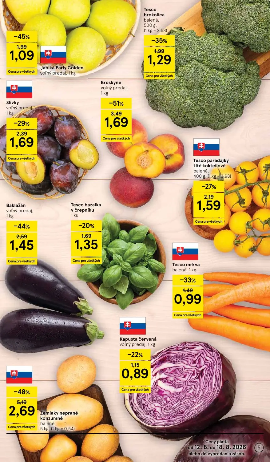 Tesco Supermarket leták, strana 5 z 34 — Zemiaky neprané konzumné, Broskyne, Jablká Early Golden