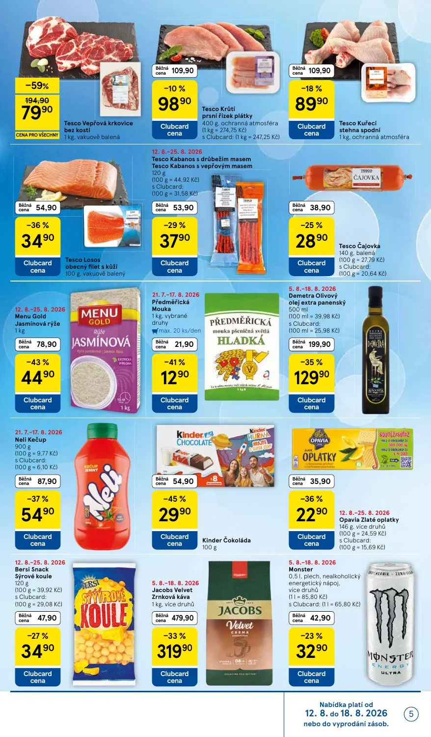 Tesco Supermarket leták, strana 5 z 16 — Jacobs Velvet Zrnková káva, Tesco Vepřová krkovice bez kosti, Předměřická Mouka