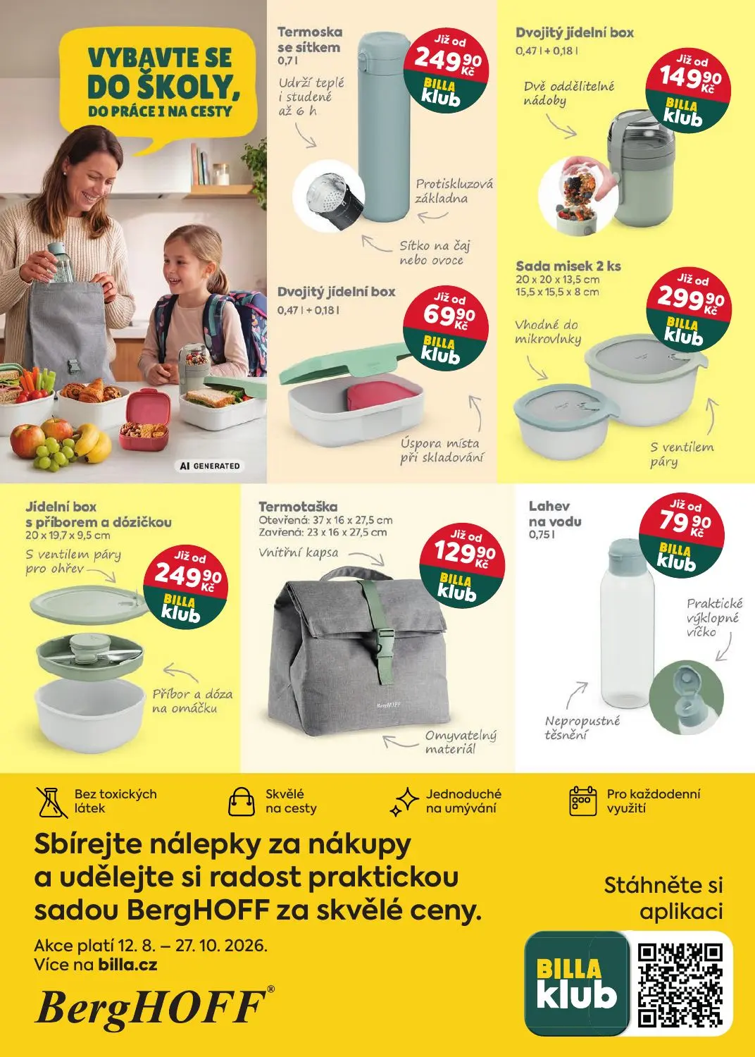 Billa leták, strana 7 z 30 — Termoska se sítkem, Dvojitý jídelní box, Jídelní box s příborem a dózičkou