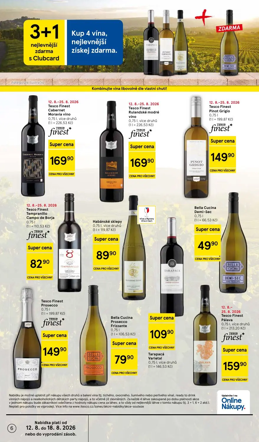 Tesco Supermarket leták, strana 6 z 16 — Tesco Finest Cabernet Moravia víno, Tesco Finest Rulandské modré víno, Tesco Finest…