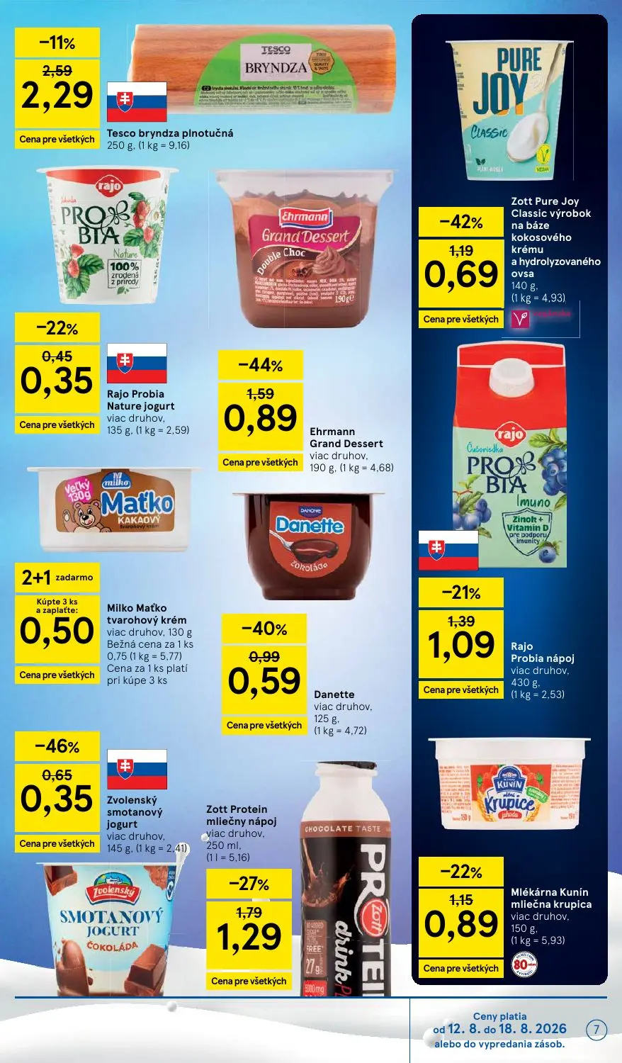 Tesco Supermarket leták, strana 7 z 34 — Ehrmann Grand Dessert, Zott Protein mliečny nápoj, Tesco bryndza plnotučná