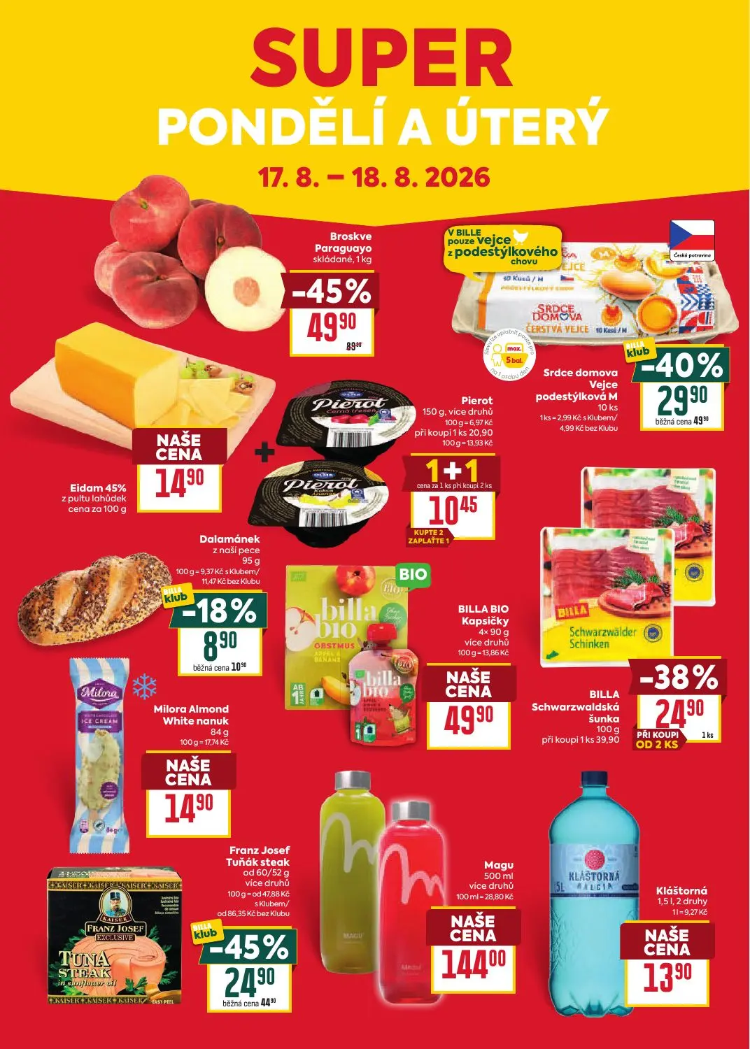 Billa leták, strana 8 z 8 — Franz Josef Tuňák steak, BILLA Schwarzwaldská šunka, Eidam 45% z pultu lahůdek