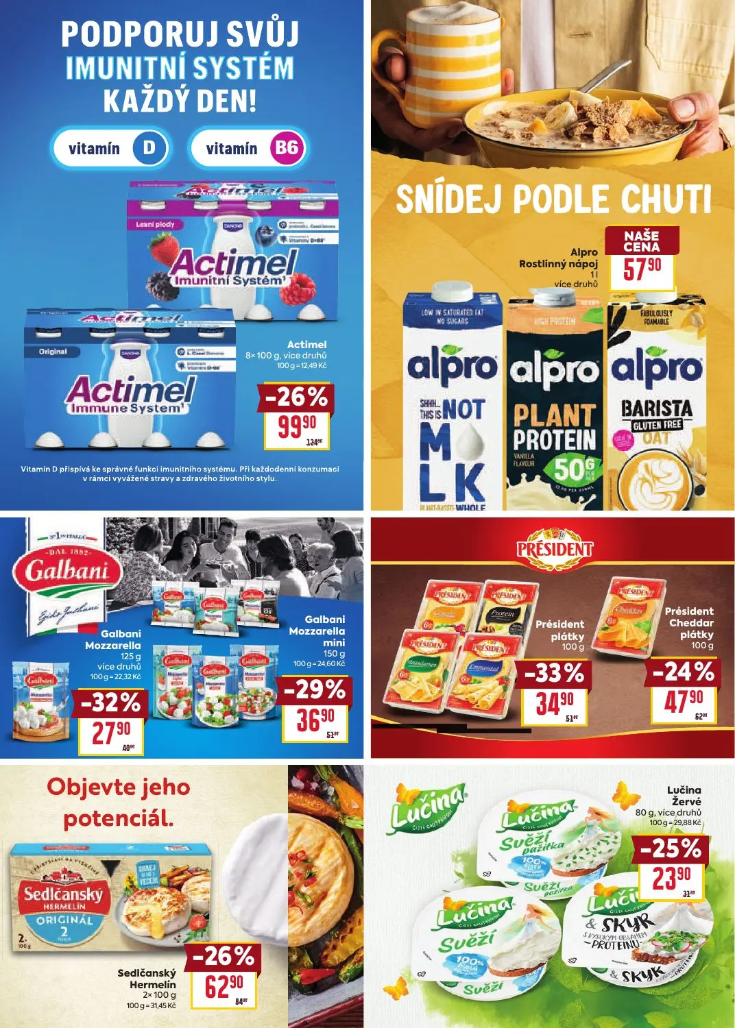 Billa leták, strana 8 z 30 — Actimel, Sedlčanský Hermelín Originál, Président plátky