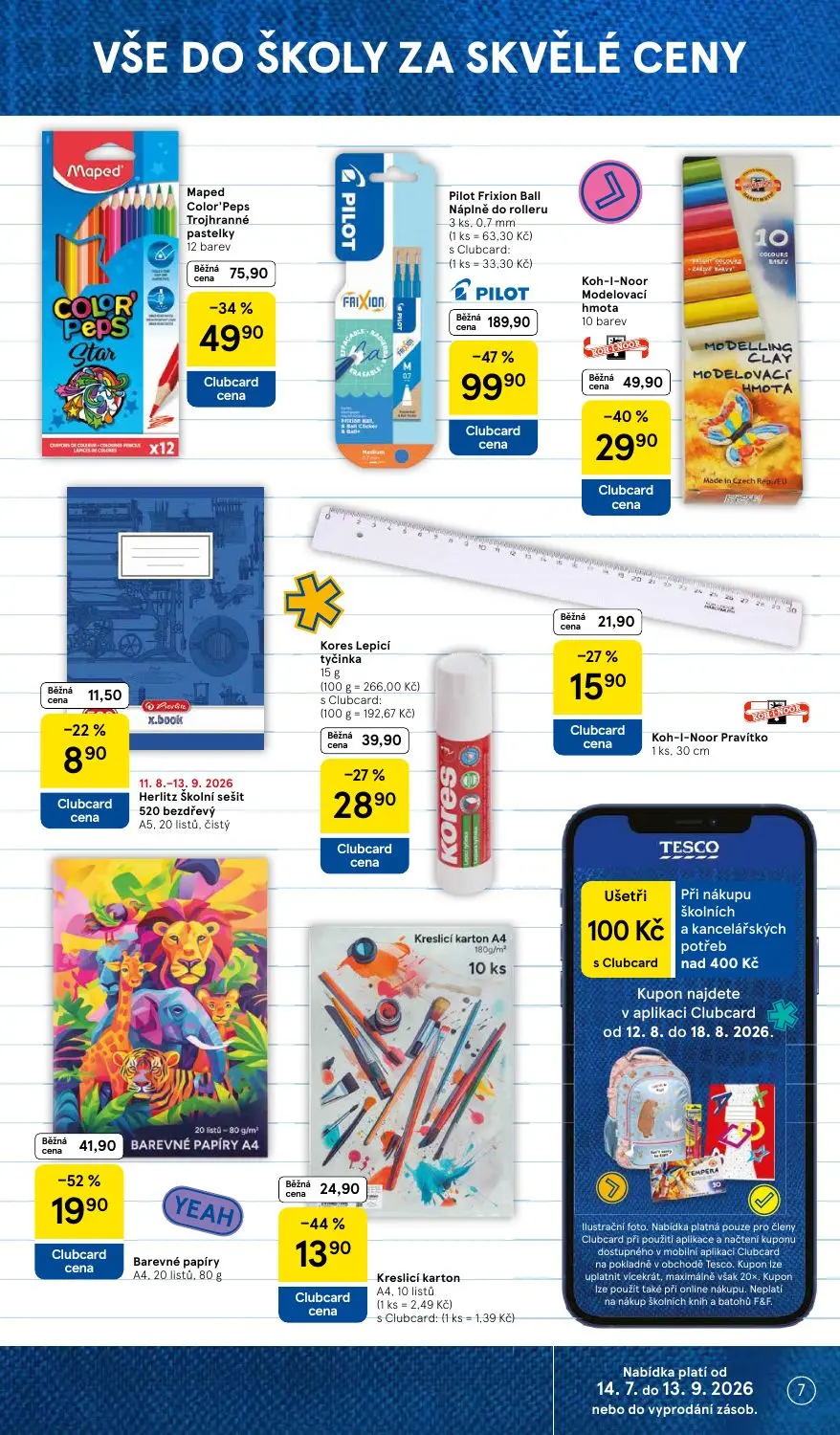 Tesco Supermarket leták, strana 7 z 16 — Pilot Frixion Ball Náplně do rolleru, Maped Color'Peps Trojhranné pastelky, Barevné…