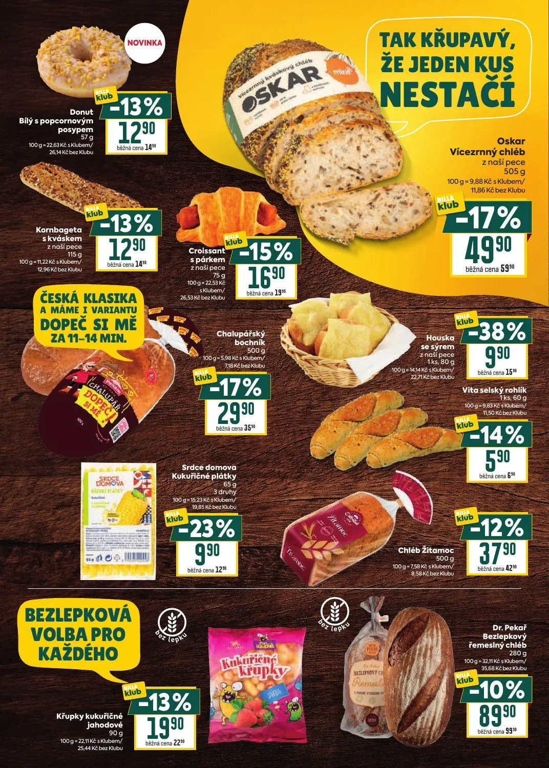 Billa leták, strana 9 z 35 — Oskar Vícezrnný chléb, Dr. Pekař Bezlepkový řemeslný chléb, Donut Bílý s popcornovým posypem