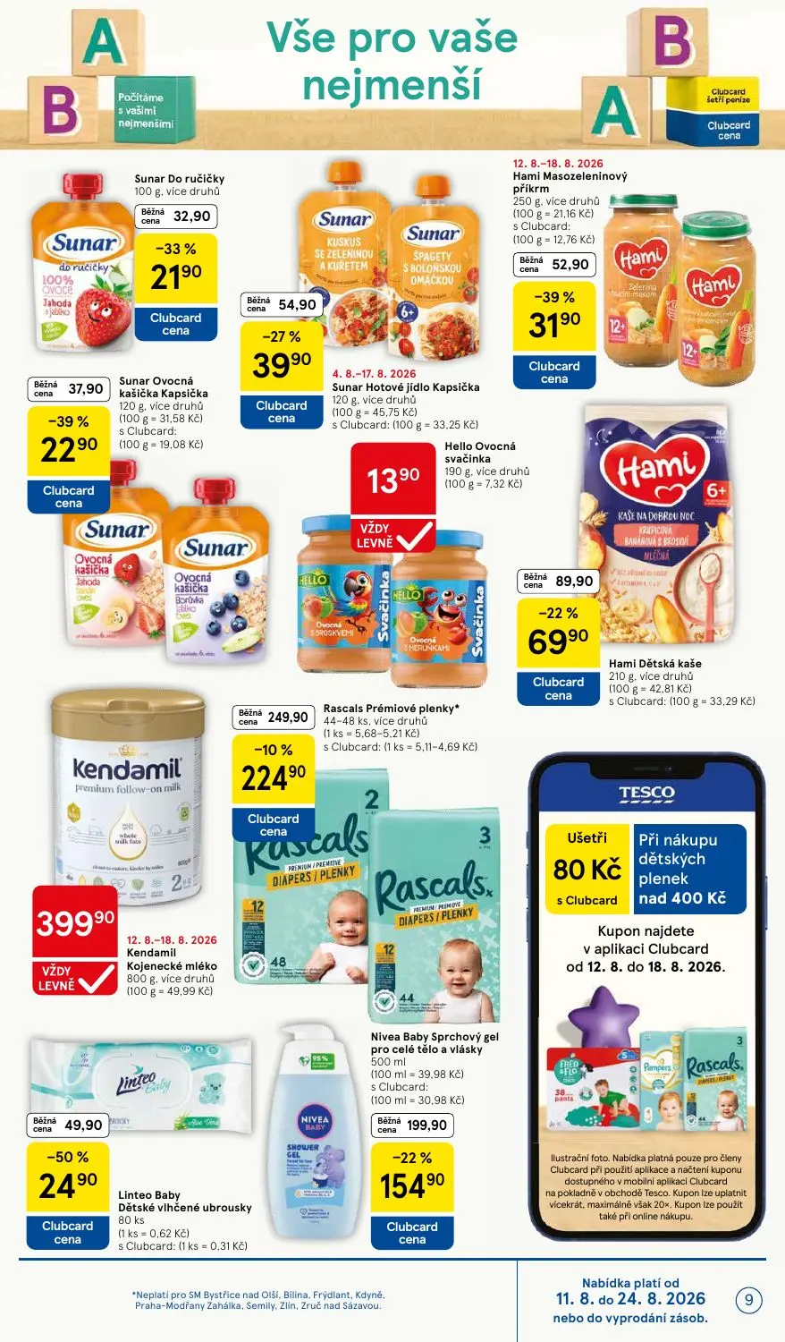 Tesco Supermarket leták, strana 9 z 16 — Rascals Prémiové plenky, Linteo Baby Dětské vlhčené ubrousky, Hami Masozeleninový p…