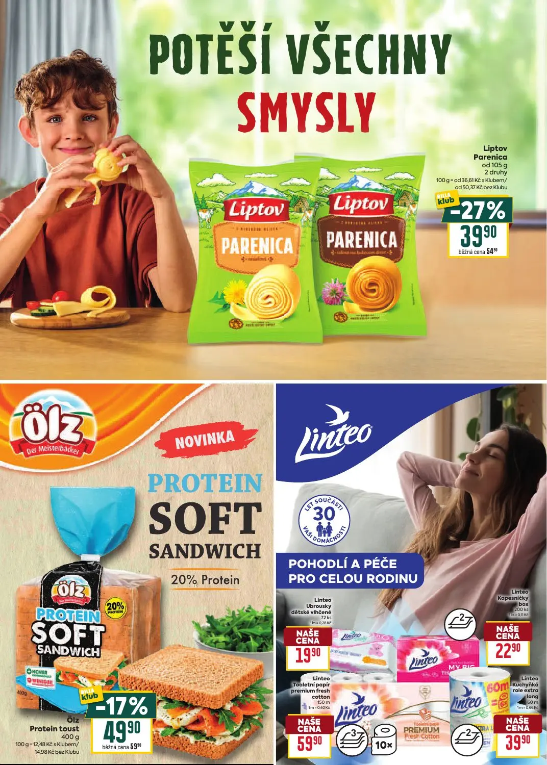 Billa leták, strana 13 z 35 — Liptov Parenica, Linteo Ubrousky dětské vlhčené, Linteo Kapesničky box