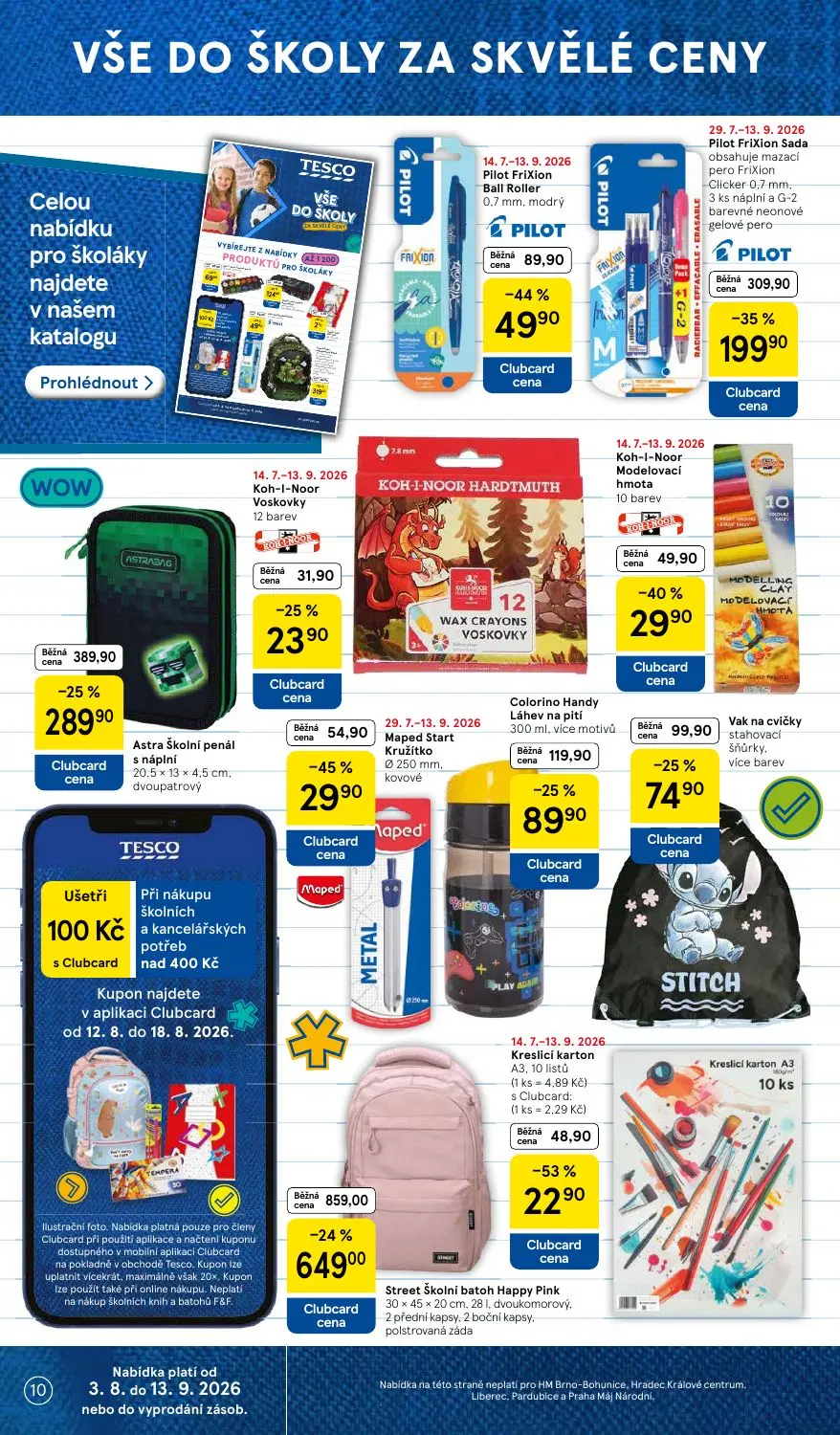 Tesco leták, strana 10 z 41 — Street Školní batoh Happy Pink, Astra Školní penál s náplní, Koh-I-Noor Voskovky