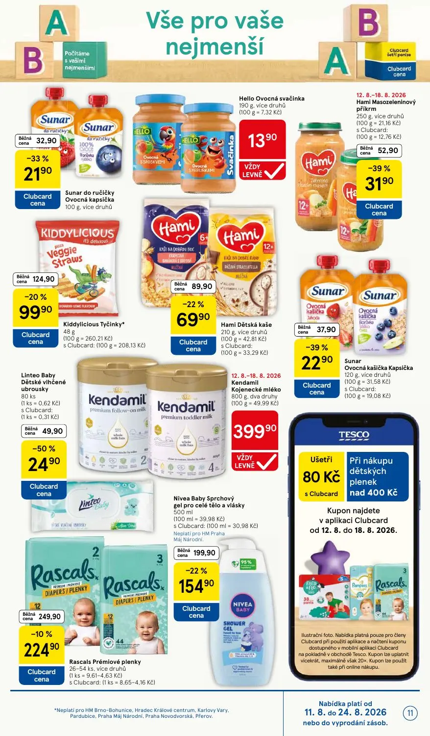 Tesco leták, strana 11 z 41 — Kiddylicious Tyčinky, Sunar Ovocná kašička Kapsička, Sunar do ručičky Ovocná kapsička