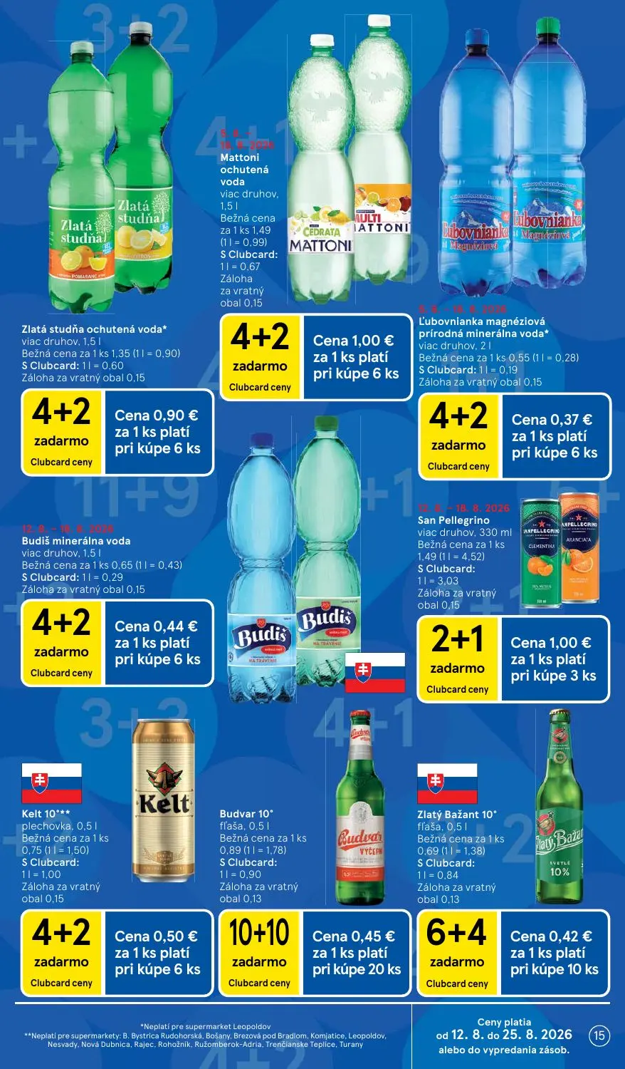 Tesco Supermarket leták, strana 15 z 34 — Mattoni ochutená voda, San Pellegrino, Zlatá studňa ochutená voda