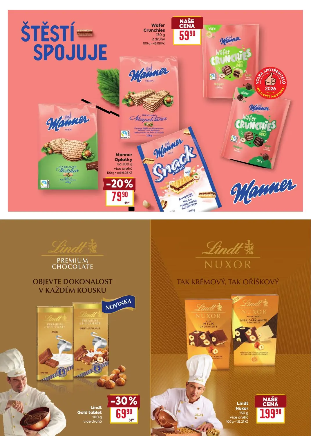 Billa leták, strana 16 z 30 — Lindt Gold tablet, Manner Oplatky, Lindt Nuxor