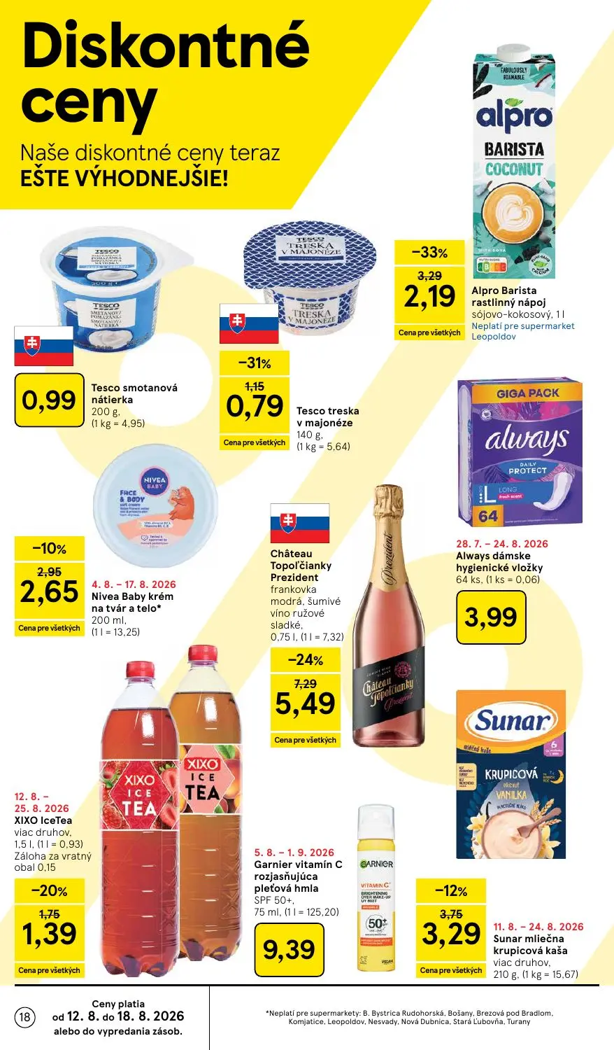 Tesco Supermarket leták, strana 18 z 34 — Sunar mliečna krupicová kaša viac druhov, XIXO IceTea viac druhov, Tesco smotanová…