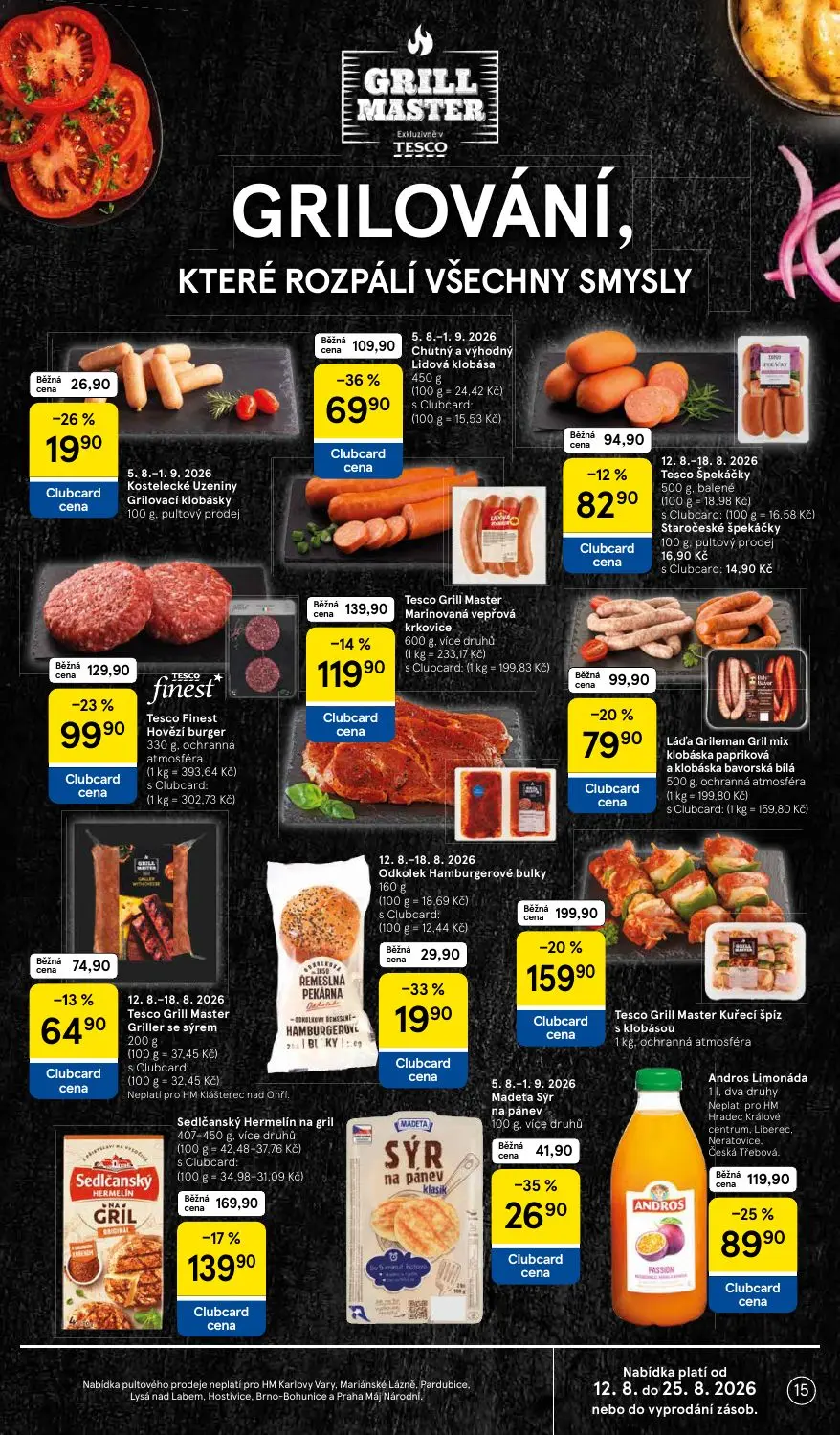 Tesco leták, strana 15 z 41 — Tesco Finest Hovězí burger, Sedlčanský Hermelín na gril, Tesco Grill Master Marinovaná vepřová…