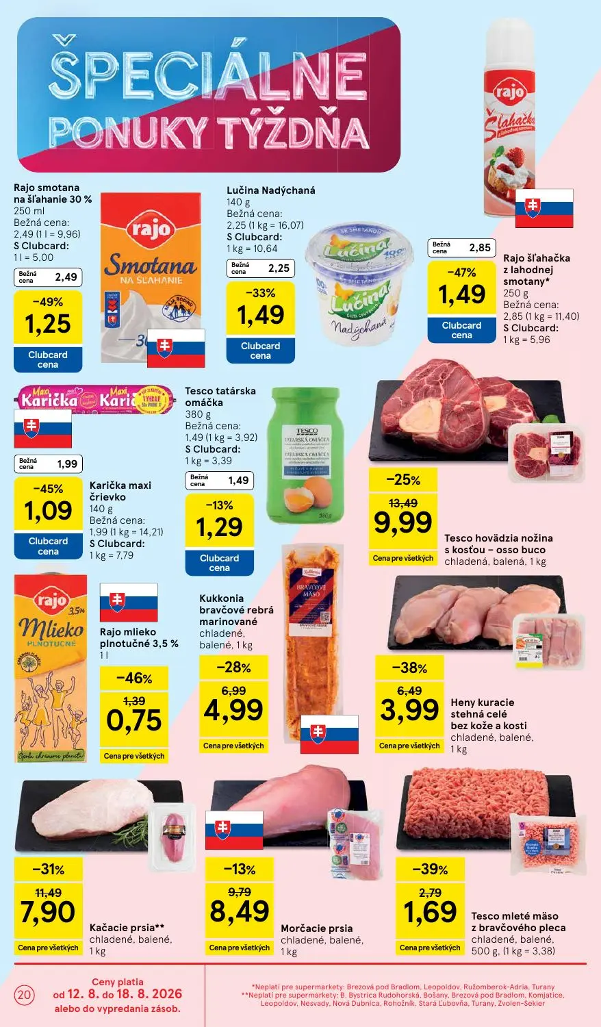Tesco Supermarket leták, strana 20 z 34 — Kačacie prsia, Kukkonia bravčové rebrá marinované, Rajo šľahačka z lahodnej smotany