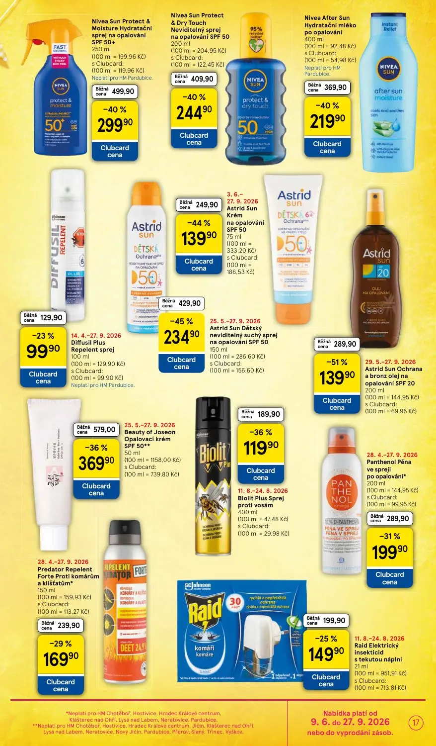 Tesco leták, strana 17 z 41 — Nivea Sun Protect & Moisture Hydratační sprej na opalování SPF 50+, Astrid Sun Dětský nevidite…