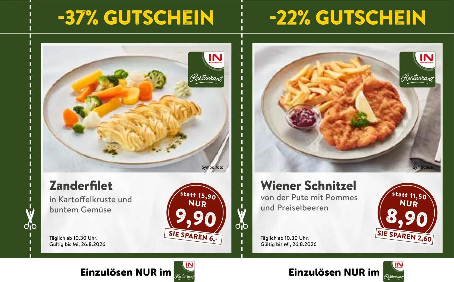Interspar Prospekt, Seite 27 von 28 — Zanderfilet in Kartoffelkruste und buntem Gemüse, Wiener Schnitzel von der Pute mit Po…