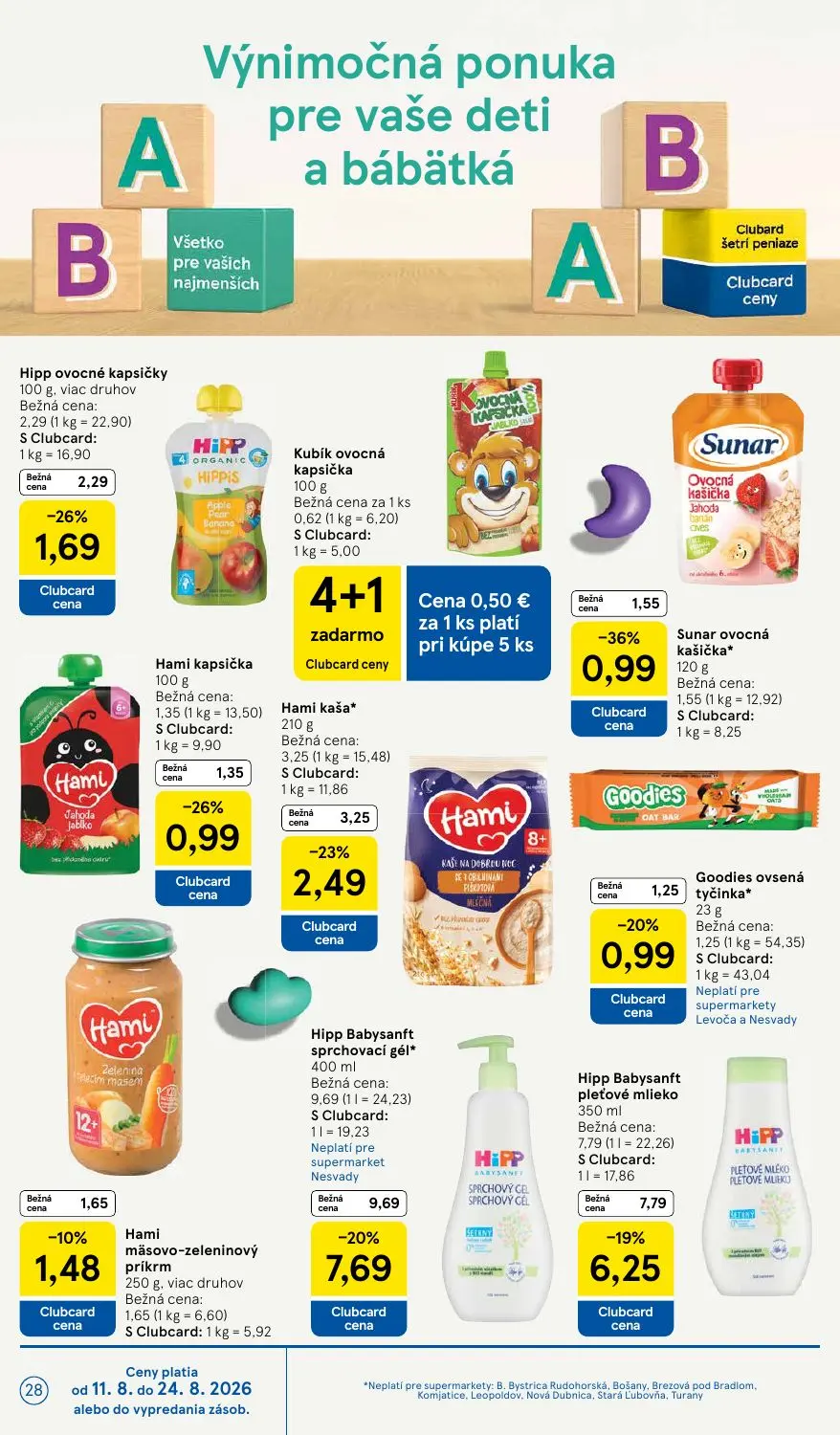Tesco Supermarket leták, strana 28 z 34 — Hami kaša, Hipp ovocné kapsičky, Sunar ovocná kašička