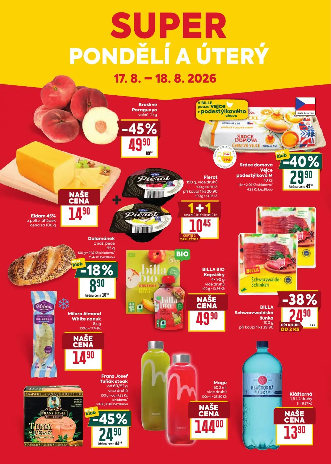 Billa leták, strana 32 z 35 — Franz Josef Tuňák steak, BILLA Schwarzwaldská šunka, Eidam 45% z pultu lahůdek