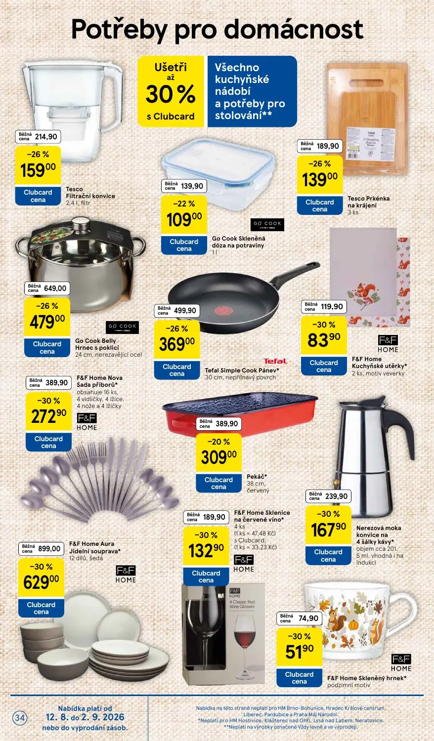 Tesco leták, strana 34 z 41 — Go Cook Belly Hrnec s poklicí, F&F Home Nova Sada příborů*, Tesco Filtrační konvice