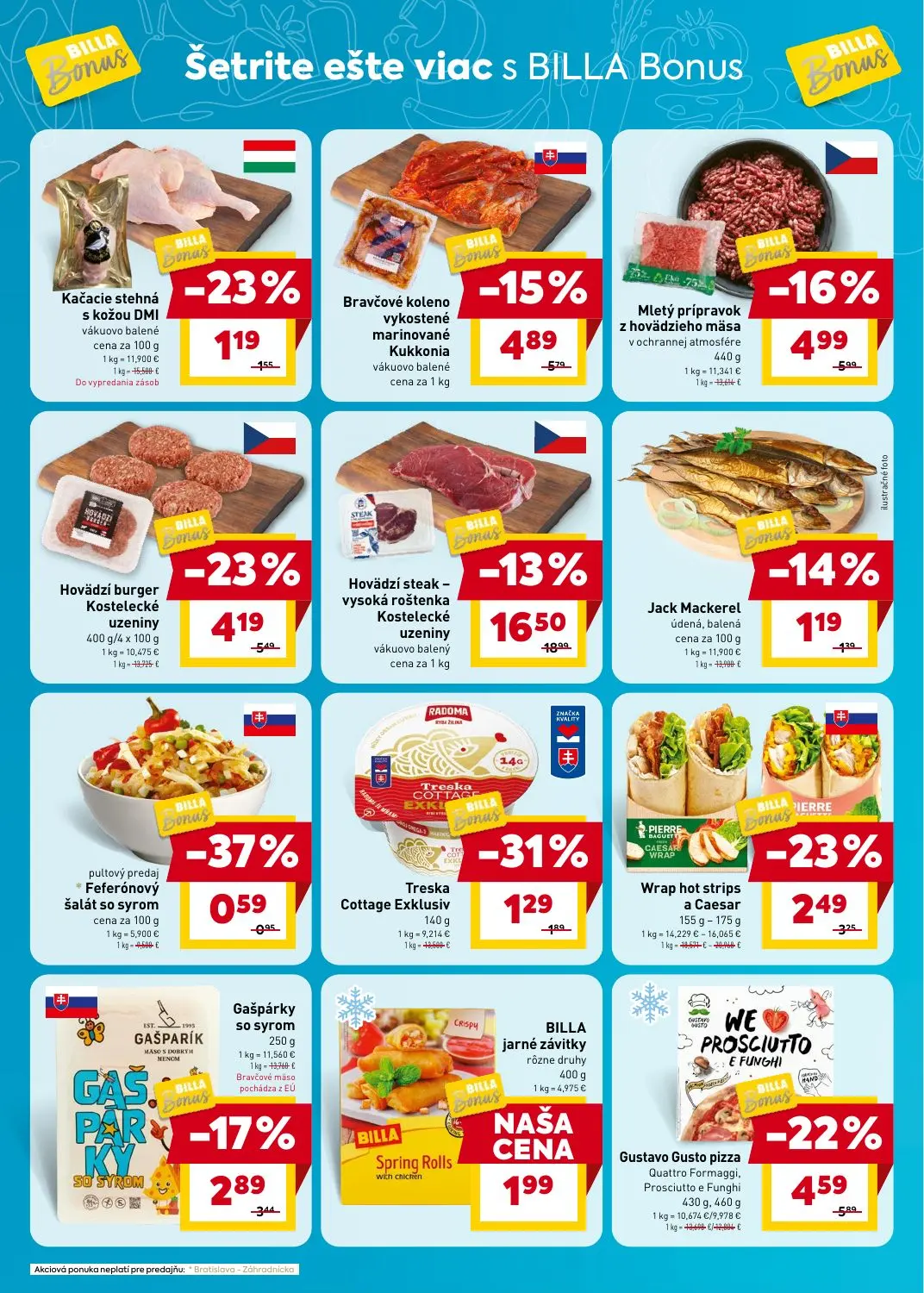 Billa leták, strana 2 z 7 — Hovädzí steak - vysoká roštenka Kostelecké uzeniny, Hovädzí burger Kostelecké uzeniny, Gustavo G…