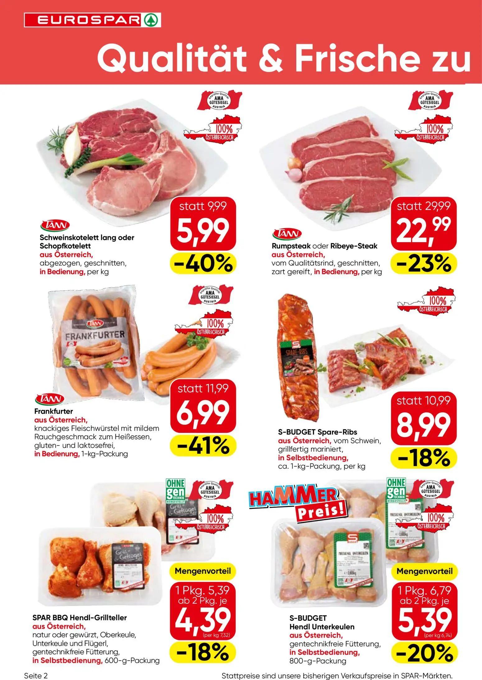 Eurospar Prospekt, Seite 2 von 16 — Rumpsteak oder Ribeye-Steak, Frankfurter, Schweinskotelett lang oder Schopfkotelett