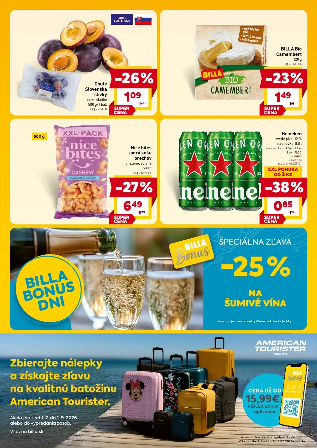 Billa leták, strana 4 z 4 — Nice bites jadrá kešu orechov pražené, solené, Heineken svetlé pivo, 12% plechovka, Chute Sloven…