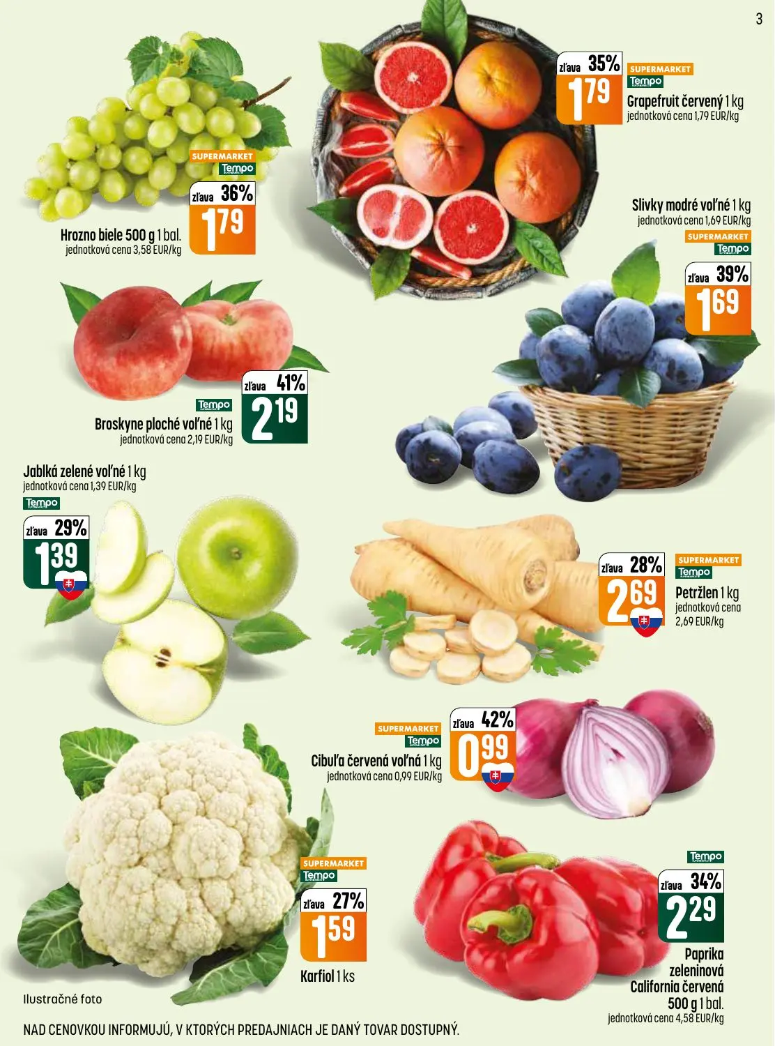 Coop Jednota leták, strana 3 z 28 — Broskyne ploché voľné, Paprika zeleninová California červená, Slivky modré voľné