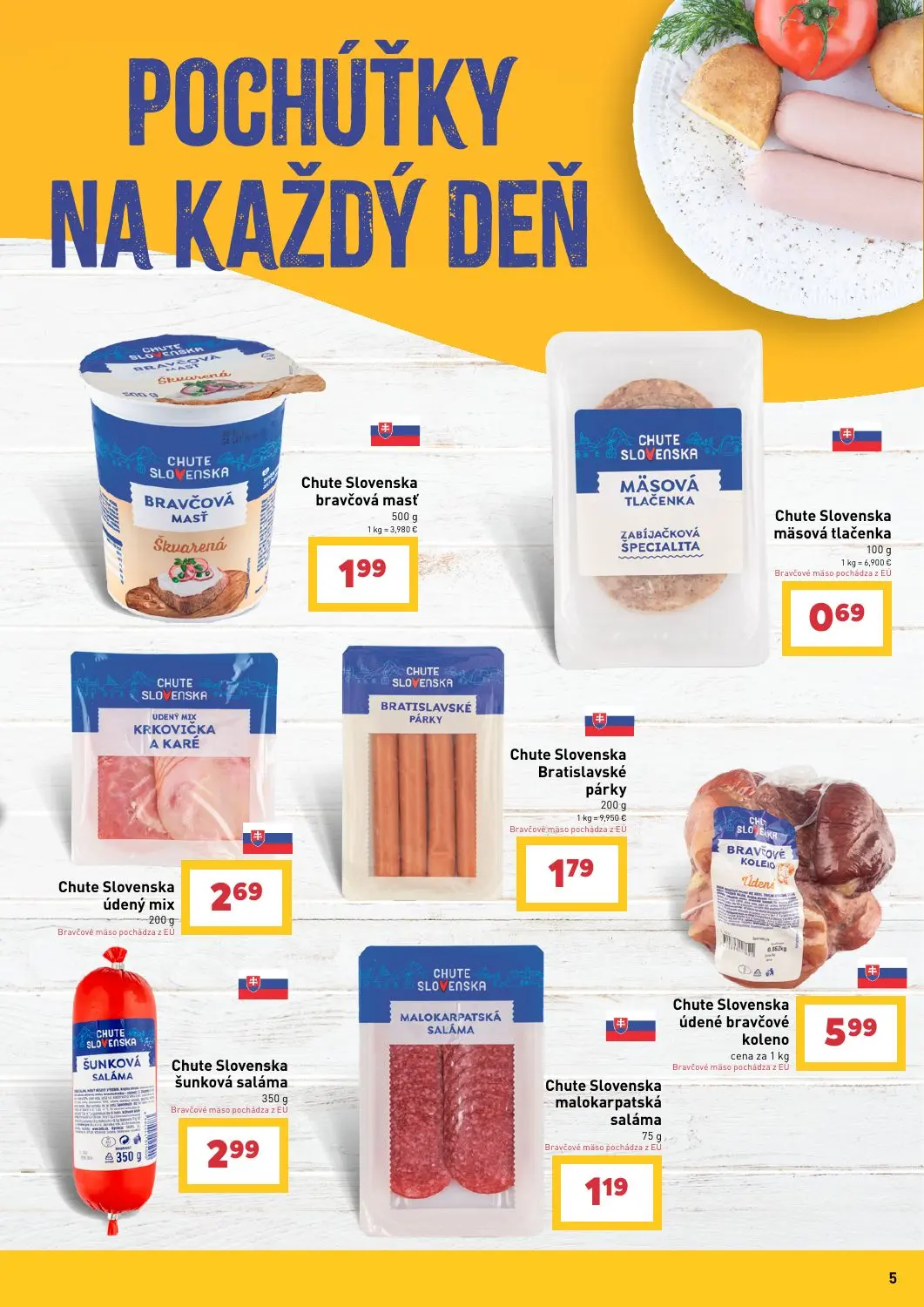 Billa leták, strana 5 z 13 — Chute Slovenska bravčová masť, Chute Slovenska Bratislavské párky, Chute Slovenska šunková salá…