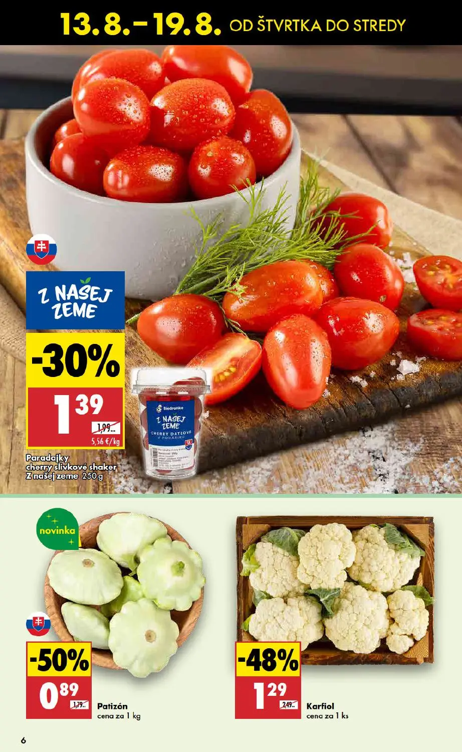 Biedronka leták, strana 6 z 48 — Karfiol, Patizón, Paradajky cherry slivkové shaker