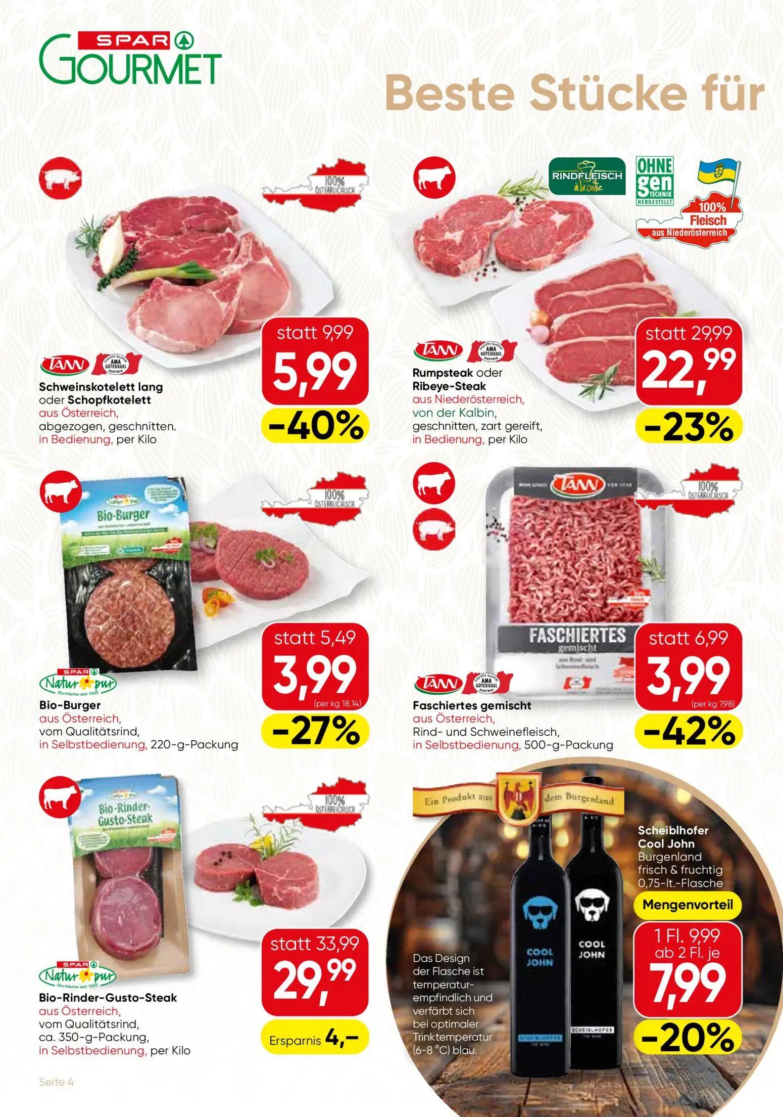 Spar Gourmet Prospekt, Seite 4 von 12 — Rumpsteak oder Ribeye-Steak, Schweinskotelett lang oder Schopfkotelett, Bio-Rinder-G…