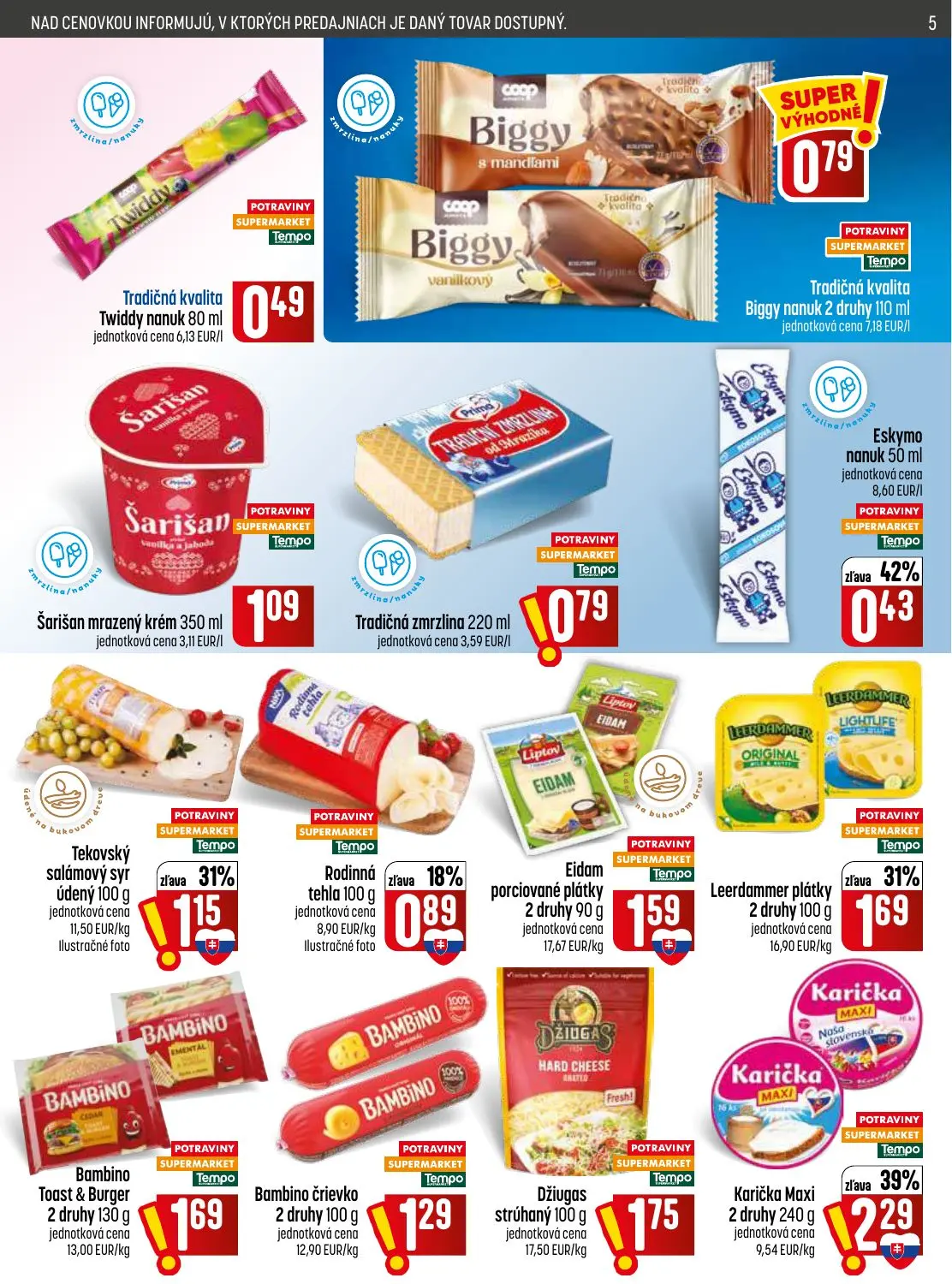 Coop Jednota leták, strana 5 z 28 — Karička Maxi, Leerdammer plátky, Tekovský salámový syr údený