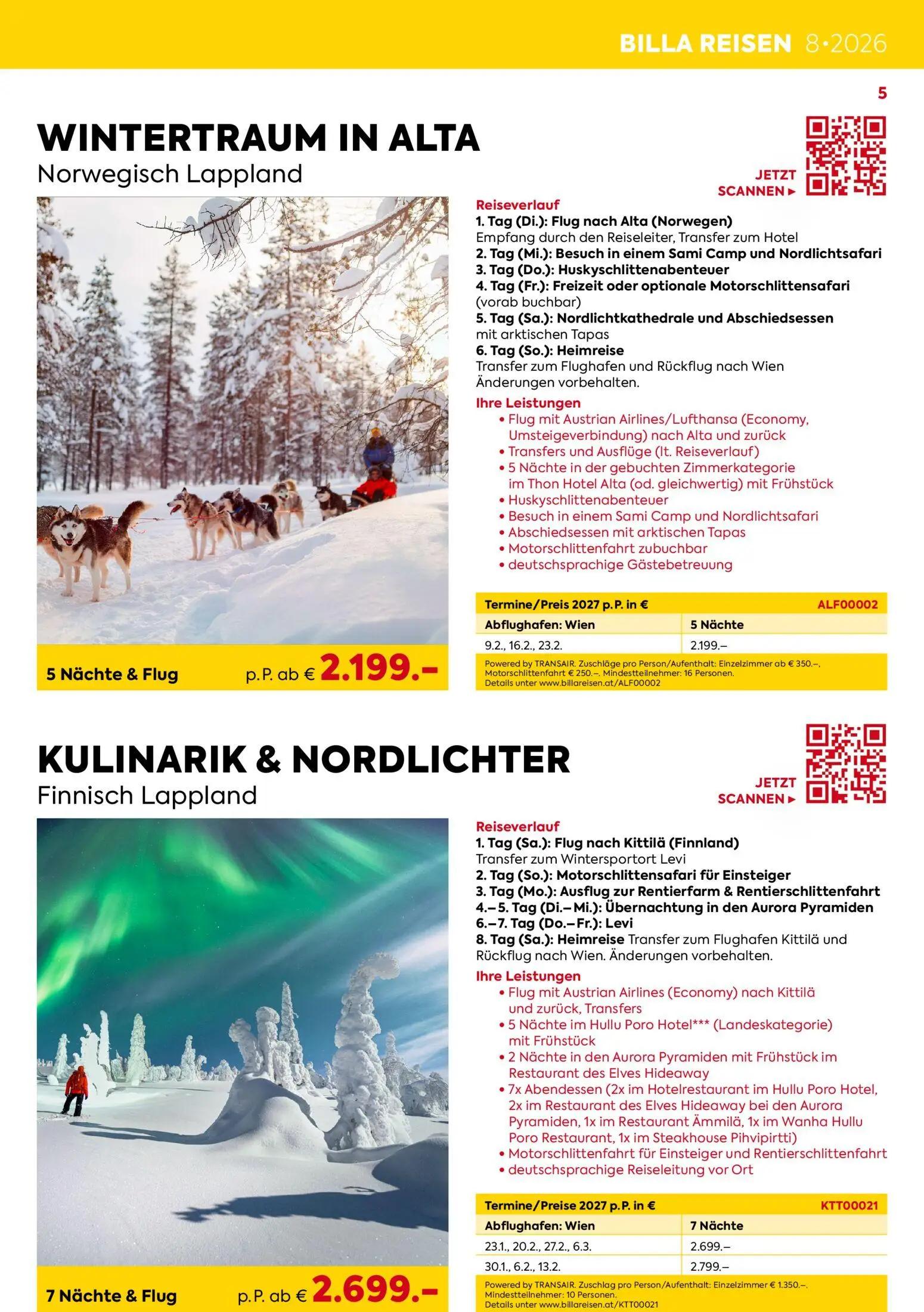 Billa Prospekt, Seite 5 von 16 — WINTERTRAUM IN ALTA Norwegisch Lappland, KULINARIK & NORDLICHTER Finnisch Lappland