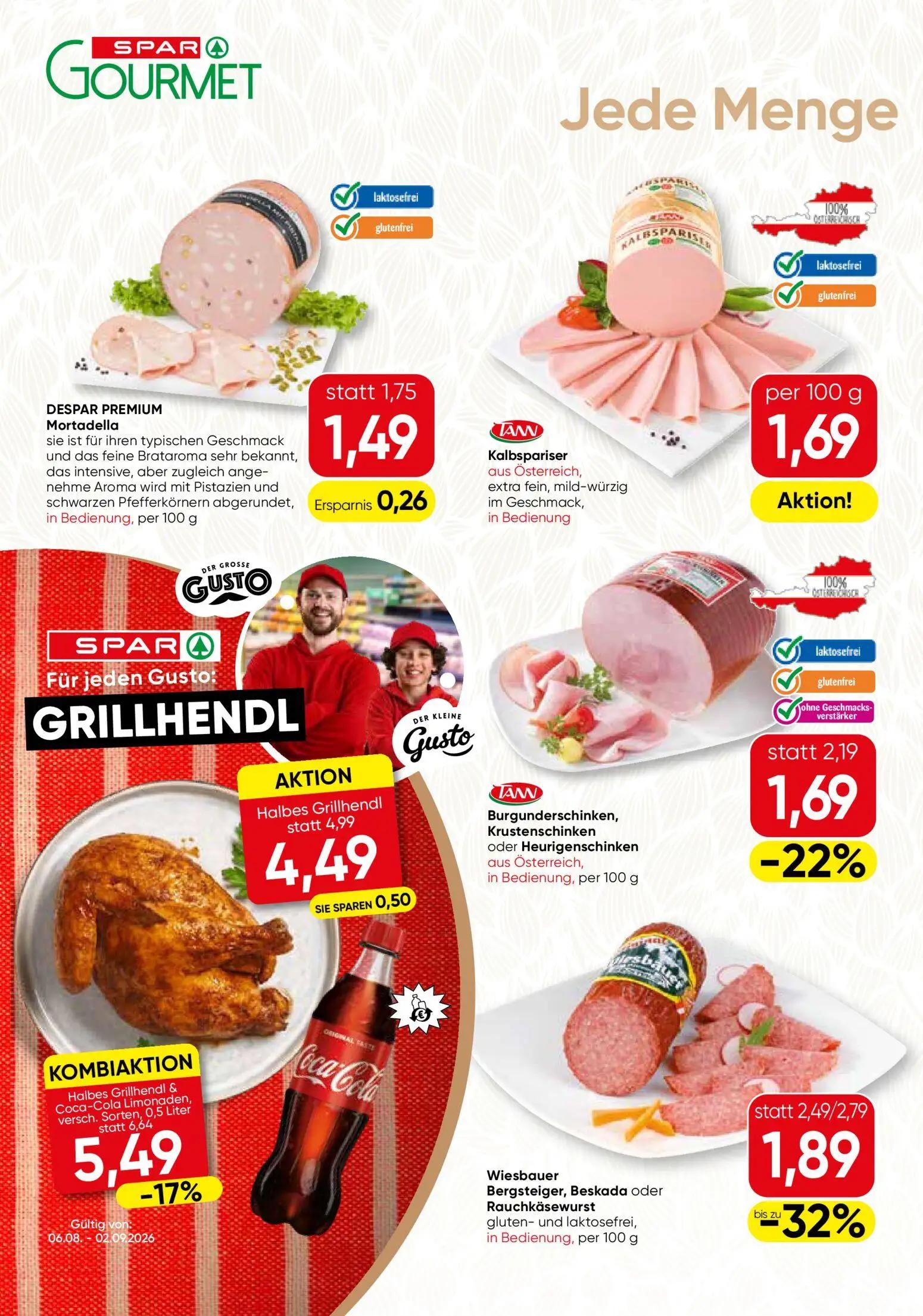Spar Gourmet Prospekt, Seite 6 von 12 — Halbes Grillhendl & Coca-Cola Limonaden, versch. Sorten, 0,5 Liter, Wiesbauer Bergst…