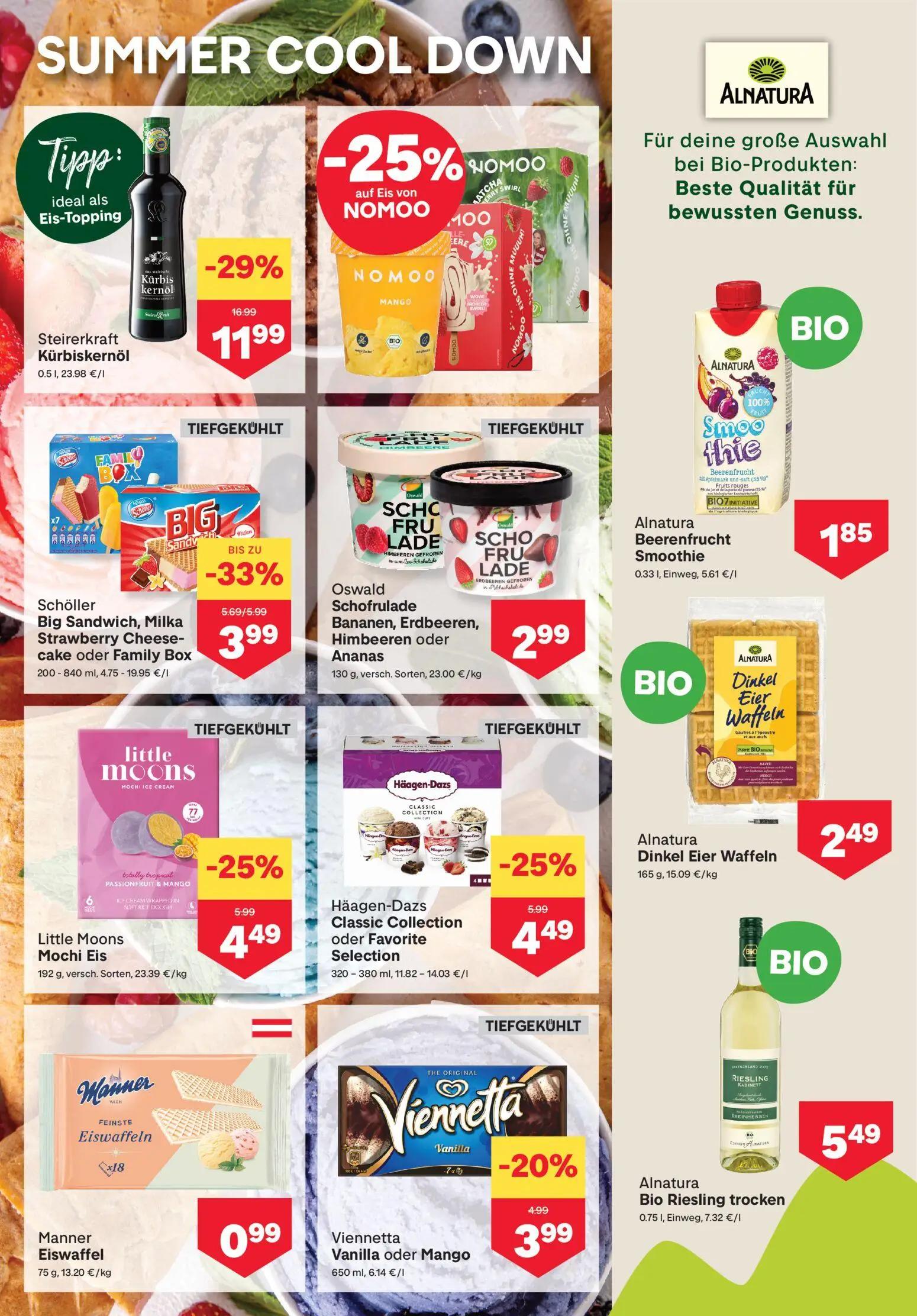MPREIS Prospekt, Seite 7 von 16 — Steirerkraft Kürbiskernöl, Schöller Big Sandwich, Milka Strawberry Cheese-cake oder Family…