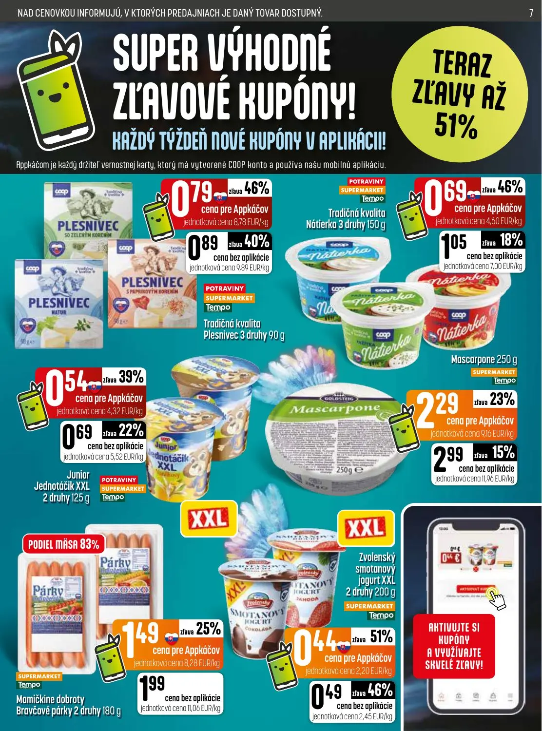 Coop Jednota leták, strana 7 z 28 — Mascarpone, Mamičkine dobroty Bravčové párky, Nátierka