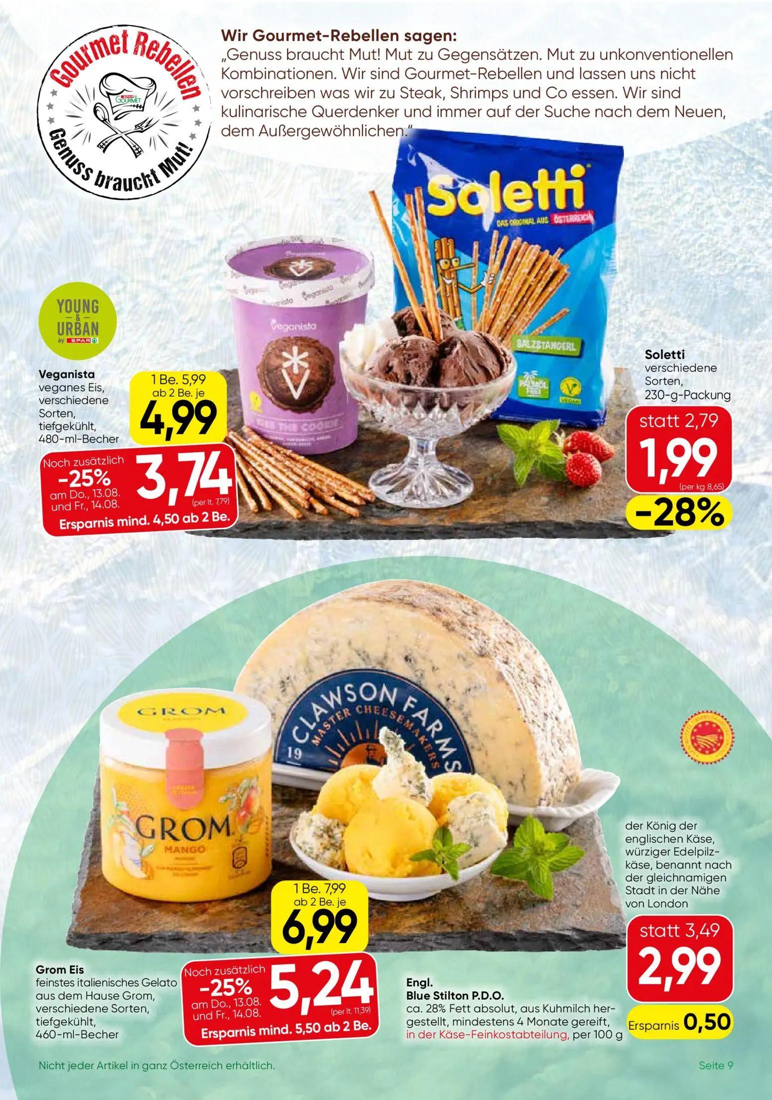 Spar Gourmet Prospekt, Seite 9 von 12 — Grom Eis feinstes italienisches Gelato, Veganista veganes Eis, Soletti