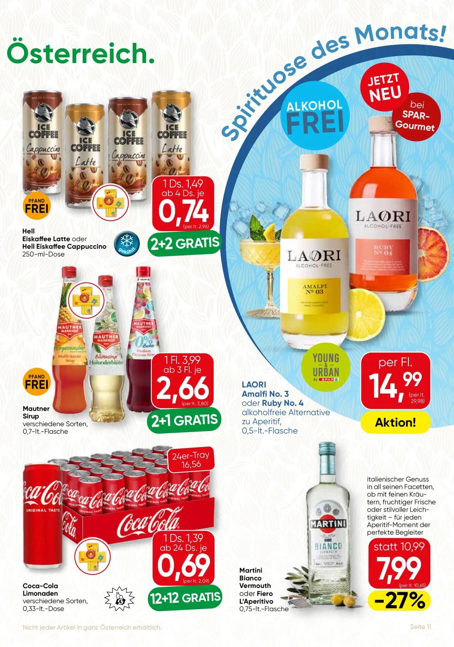 Spar Gourmet Prospekt, Seite 11 von 12 — Martini Bianco Vermouth oder Fiero L'Aperitivo, Mautner Sirup verschiedene Sorten, …