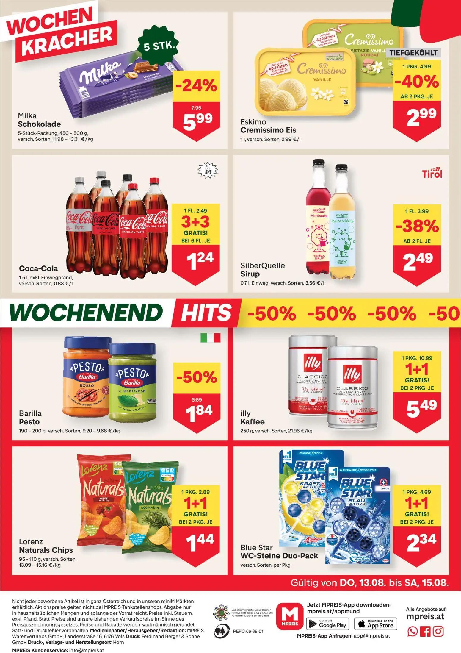 MPREIS Prospekt, Seite 12 von 16 — illy Kaffee, Blue Star WC-Steine Duo-Pack, Eskimo Cremissimo Eis
