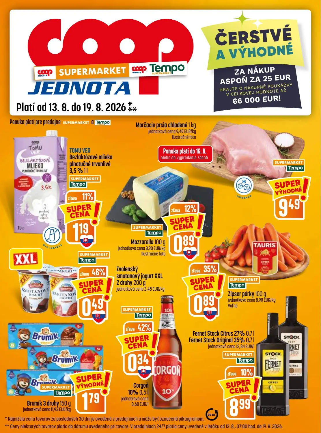 Coop Jednota leták, strana 13 z 28 — Fernet Stock Citrus 27% / Fernet Stock Original 35%, Zipser párky, Zvolenský smotanový …
