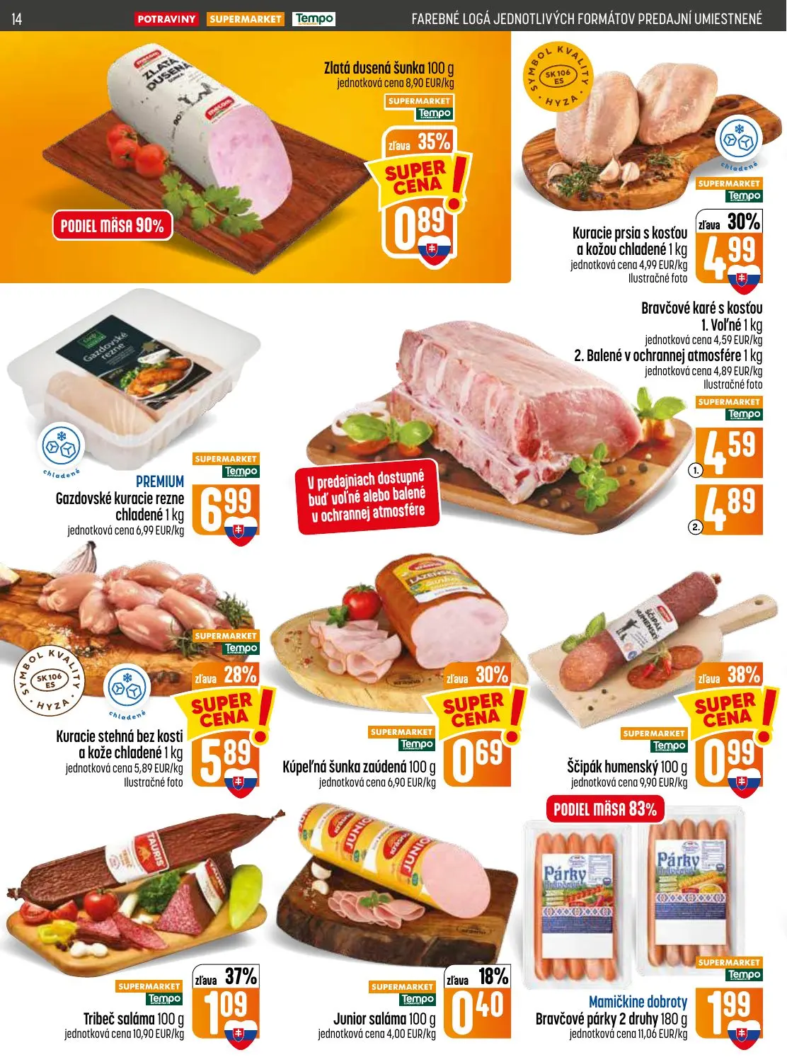 Coop Jednota leták, strana 14 z 28 — Kuracie stehná bez kosti a kože chladené, Kuracie prsia s kosťou a kožou chladené, Trib…