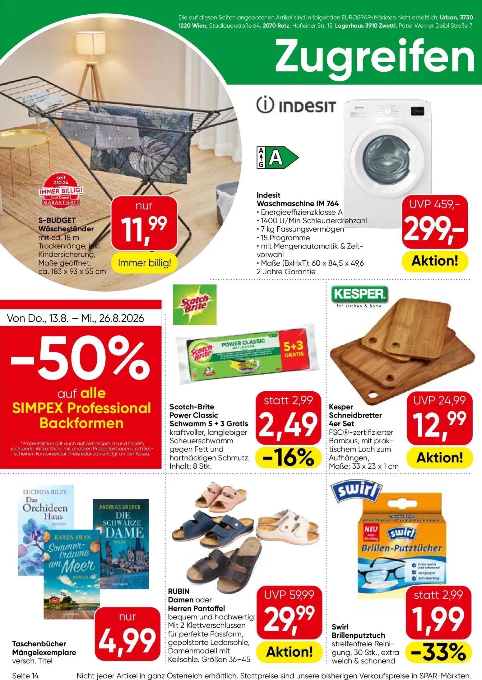 Eurospar Prospekt, Seite 14 von 16 — Indesit Waschmaschine IM 764, RUBIN Damen oder Herren Pantoffel, Kesper Schneidbretter …