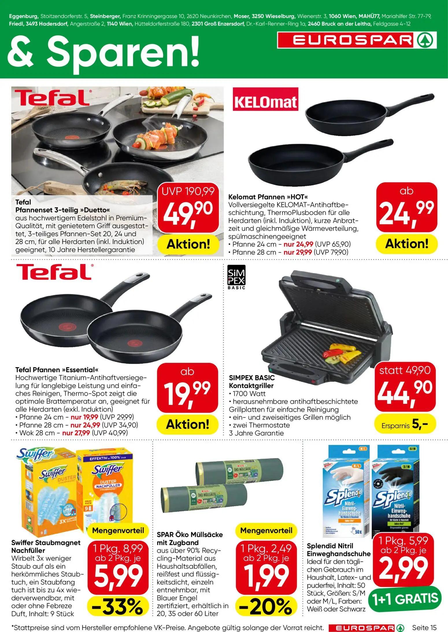 Eurospar Prospekt, Seite 15 von 16 — Tefal Pfannenset 3-teilig >>Duetto<<, SIMPEX BASIC Kontaktgriller, Swiffer Staubmagnet …