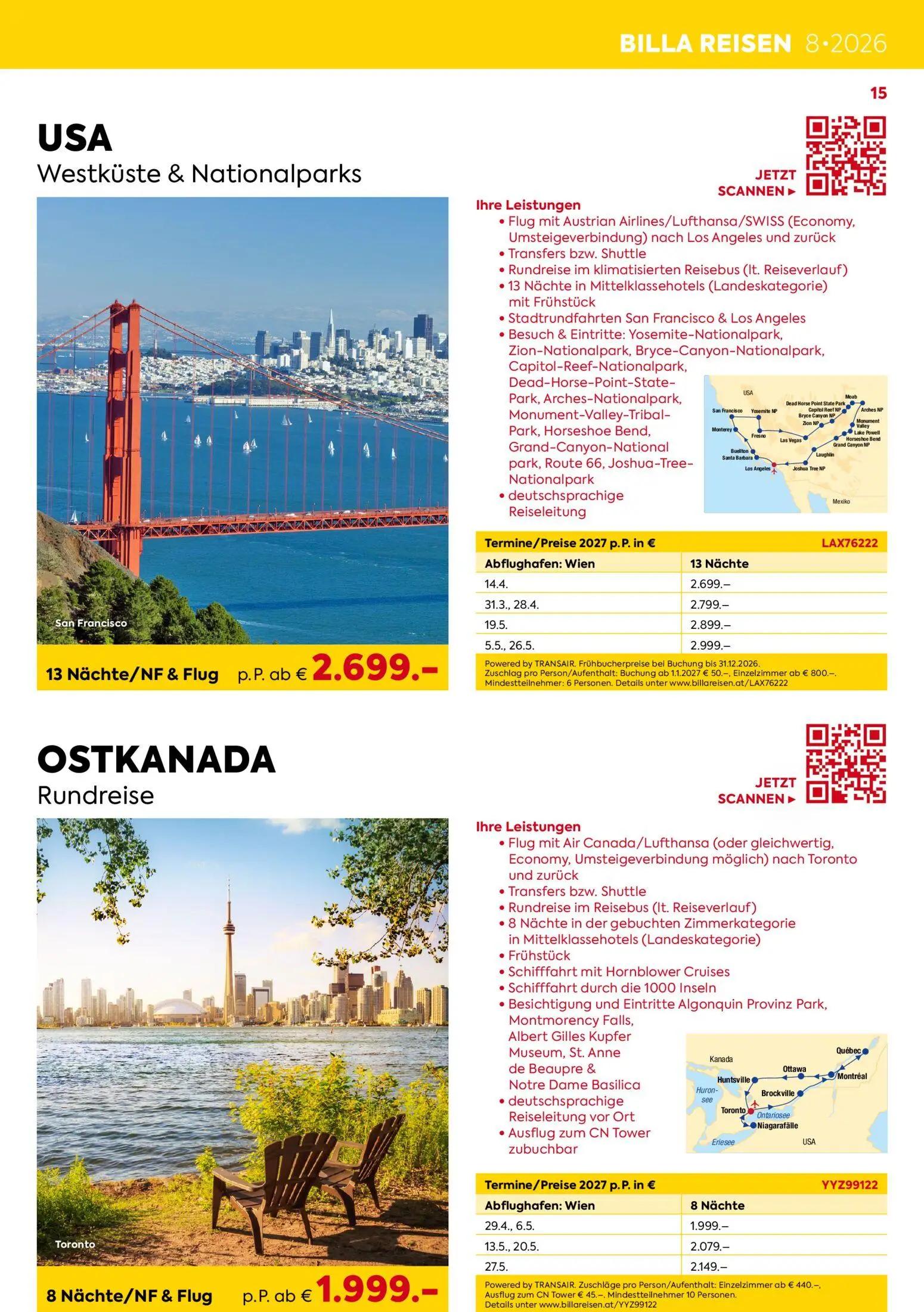 Billa Prospekt, Seite 15 von 16 — USA Westküste & Nationalparks, OSTKANADA Rundreise