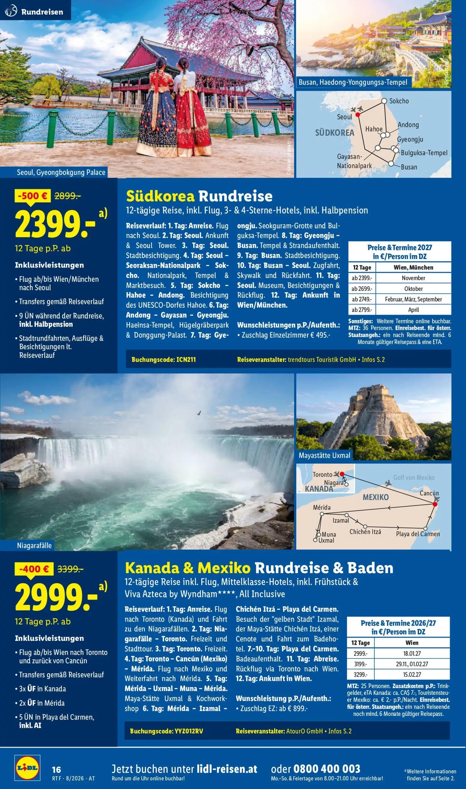 Lidl Prospekt, Seite 16 von 20 — Südkorea Rundreise, Kanada & Mexiko Rundreise & Baden