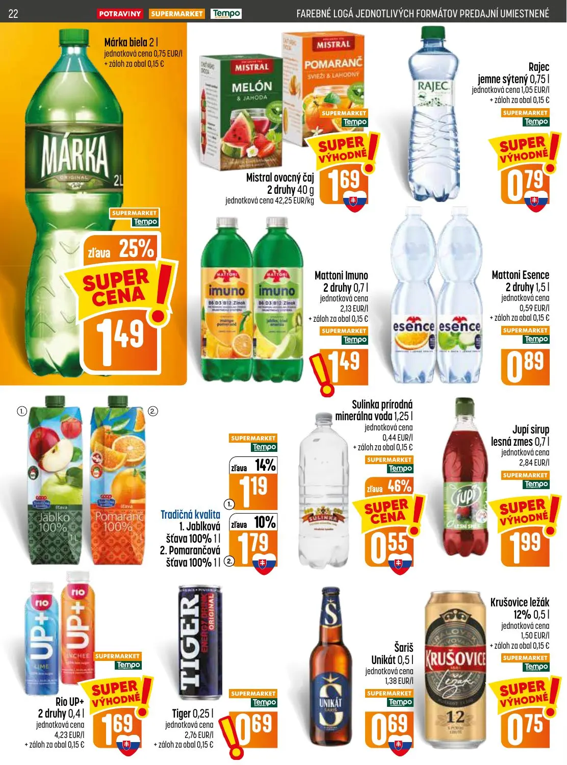 Coop Jednota leták, strana 22 z 28 — Márka biela, Sulinka prírodná minerálna voda, Tradičná kvalita Pomarančová šťava 100%