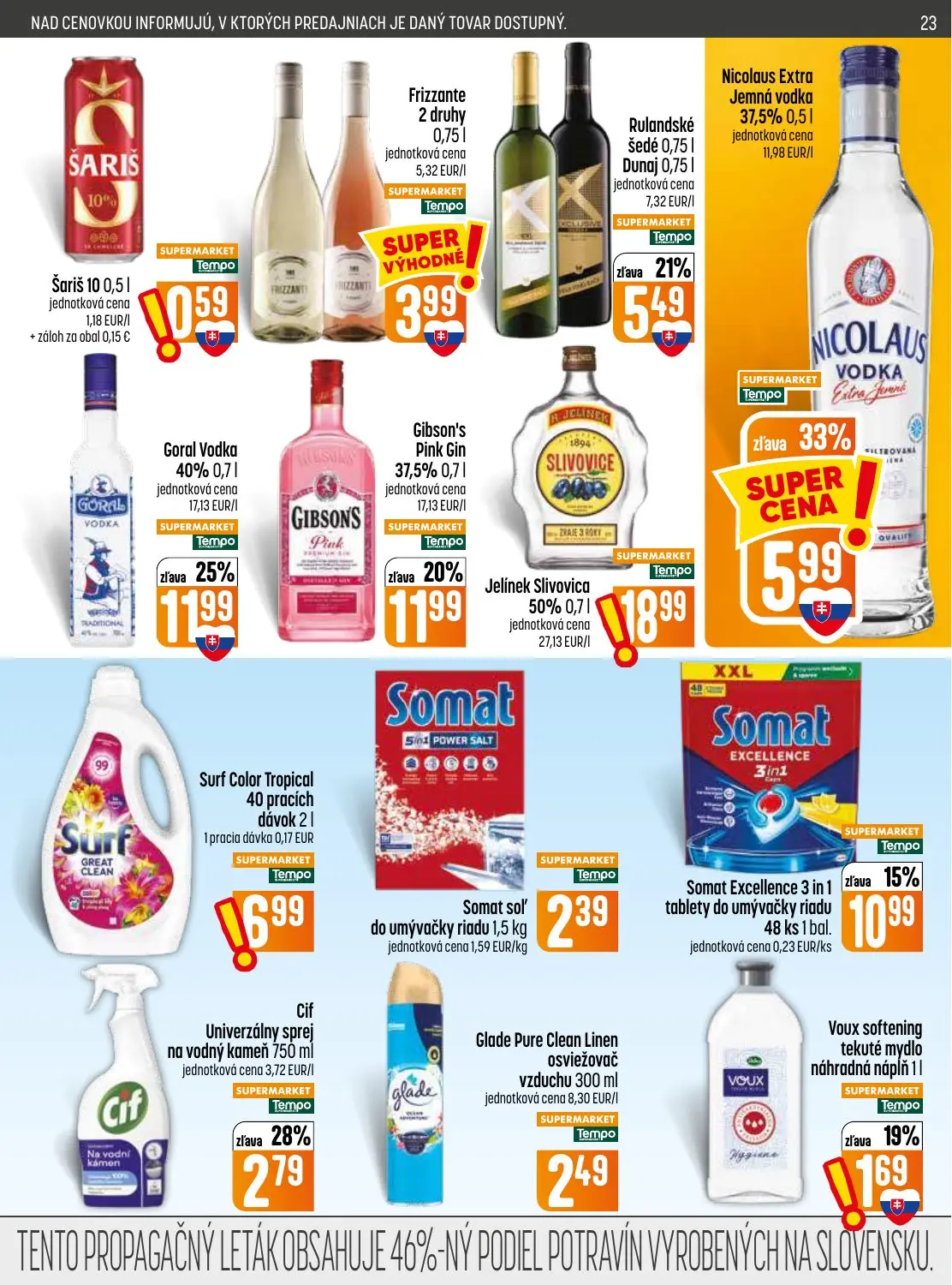 Coop Jednota leták, strana 23 z 28 — Goral Vodka, Gibson's Pink Gin, Nicolaus Extra Jemná vodka