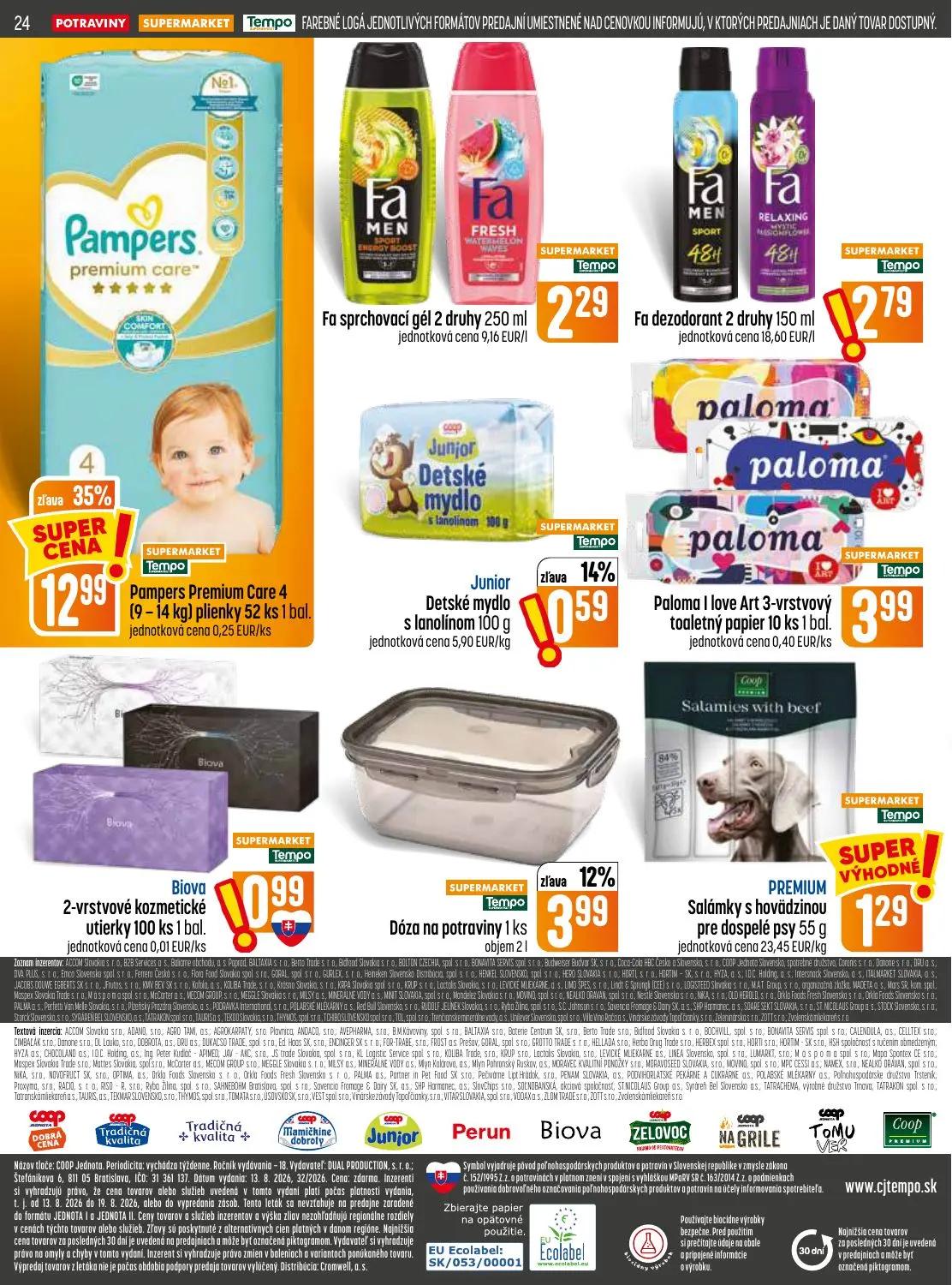 Coop Jednota leták, strana 24 z 28 — Pampers Premium Care 4, Dóza na potraviny, Junior Detské mydlo s lanolínom