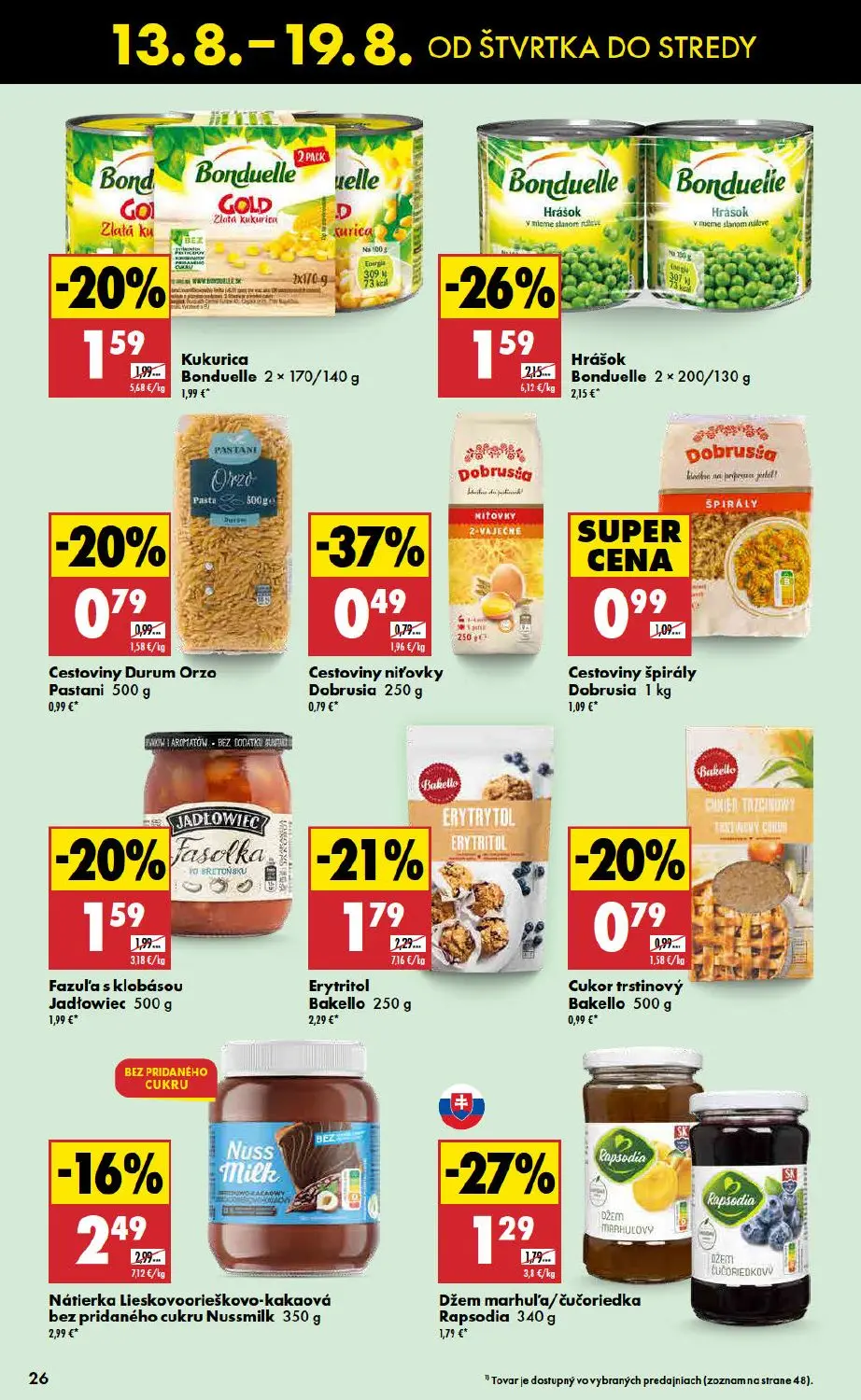 Biedronka leták, strana 26 z 48 — Hrášok Bonduelle, Kukurica Bonduelle, Cestoviny niťovky Dobrusia